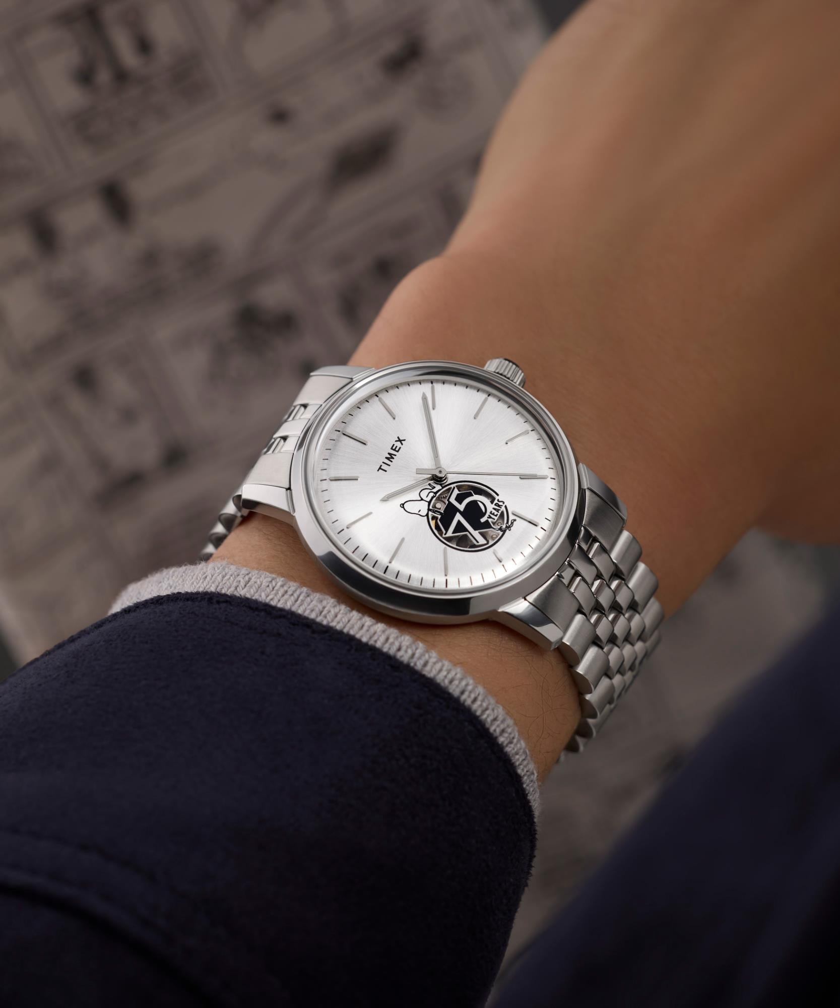 Timex X Peanuts Marlin Automatic 75th Anniversary Silver Dial Steel Strap Men's Watch TW2Y45000