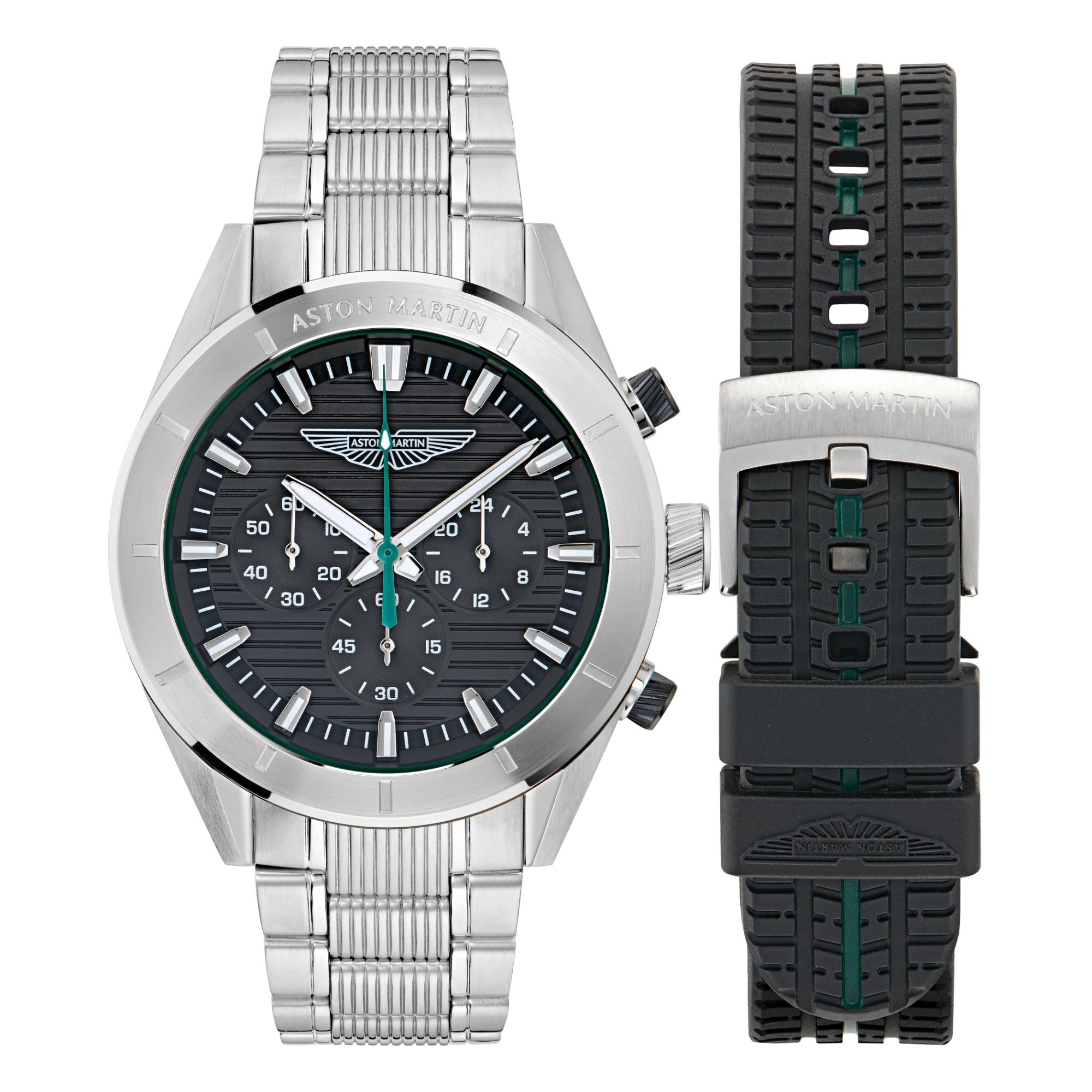 Aston Martin AML Icon Quartz with Interchangeable Top Ring Black Dial Silicone and Steel Strap Men's Watch MTIB1F501