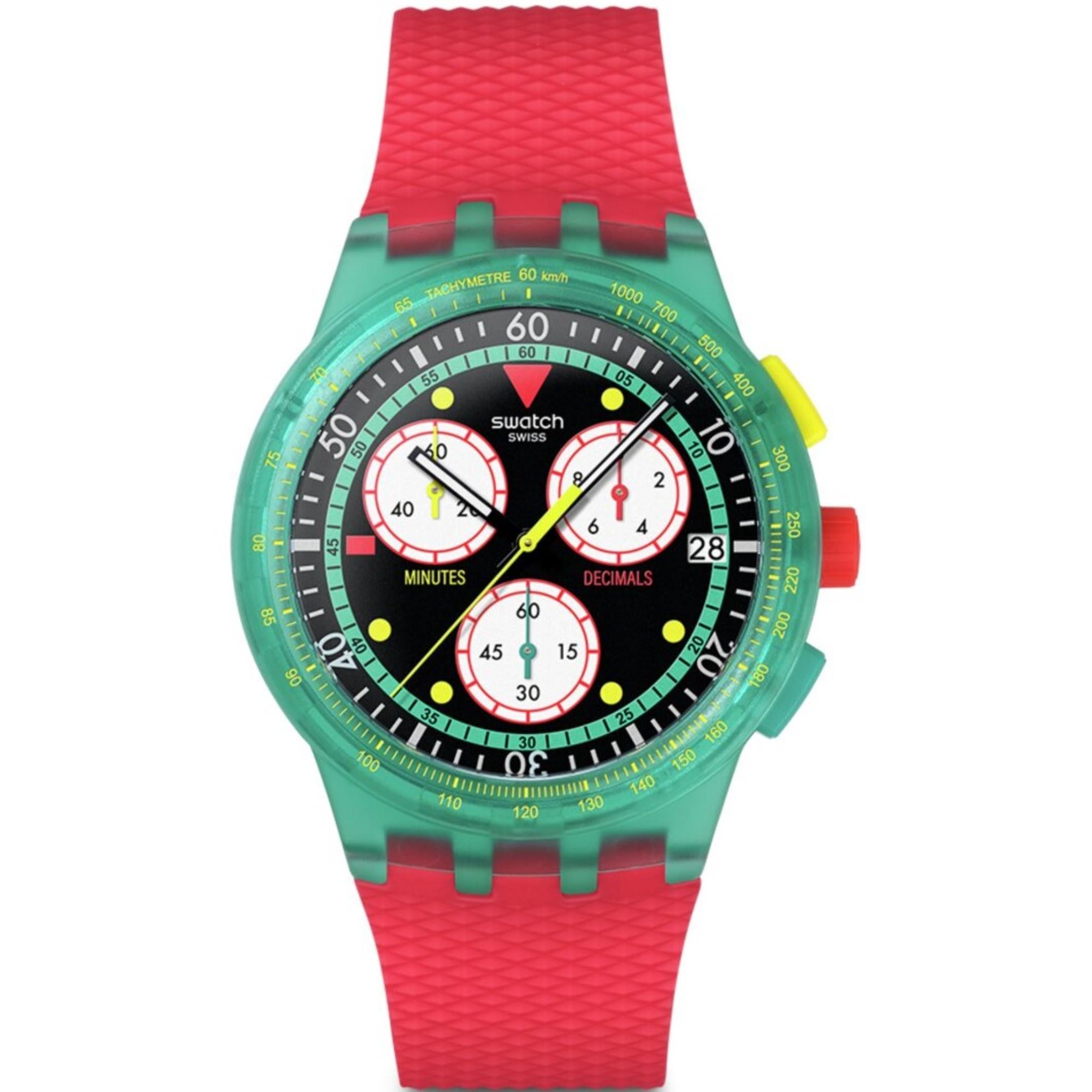 Swatch Originals Neon Emerald Chronograph Quartz Black Dial Silicone Strap Unisex Watch SUSG409