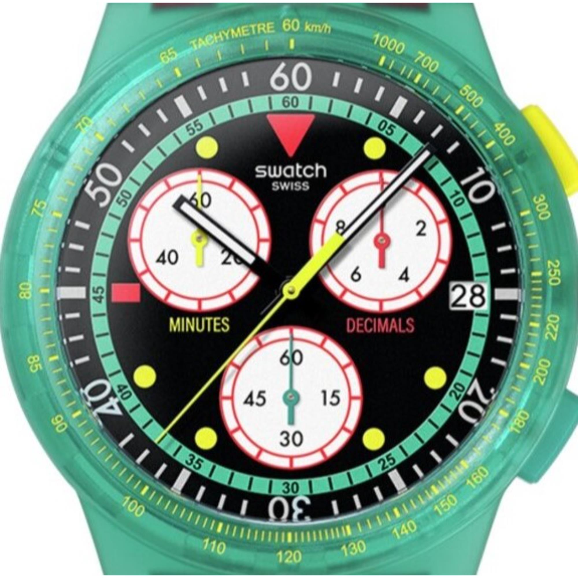 Swatch Originals Neon Emerald Chronograph Quartz Black Dial Silicone Strap Unisex Watch SUSG409