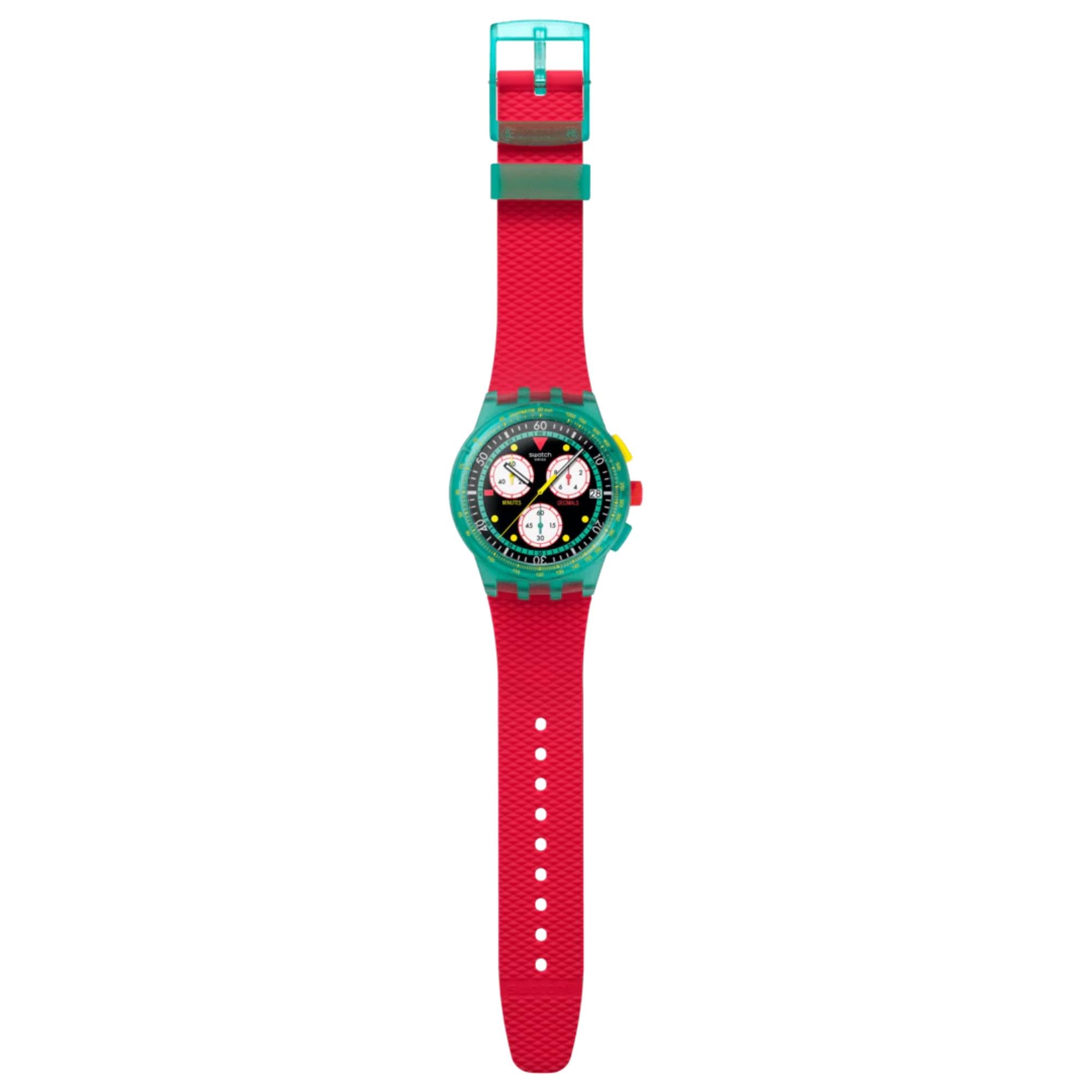 Swatch Originals Neon Emerald Chronograph Quartz Black Dial Silicone Strap Unisex Watch SUSG409