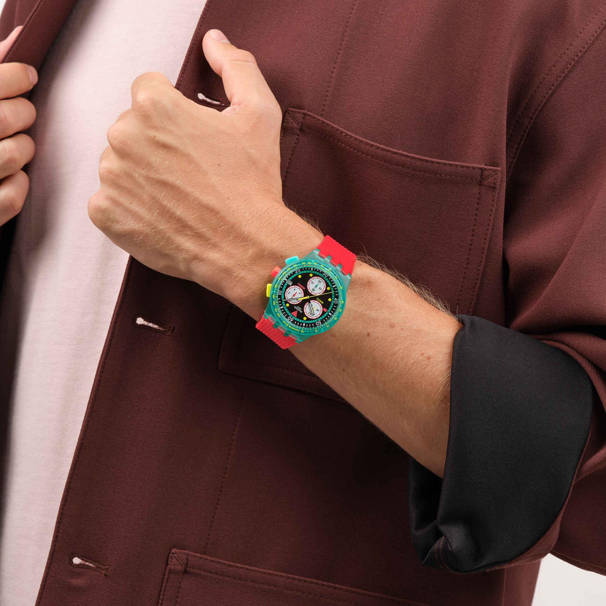Swatch Originals Neon Emerald Chronograph Quartz Black Dial Silicone Strap Unisex Watch SUSG409