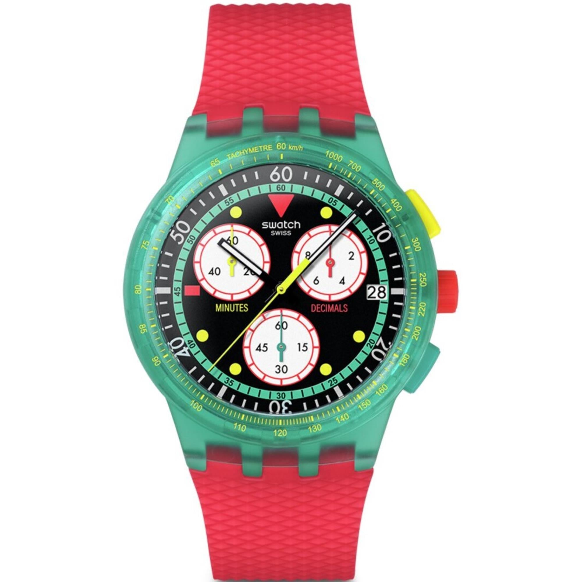 Swatch Originals Neon Emerald Chronograph Quartz Black Dial Silicone Strap Unisex Watch SUSG409