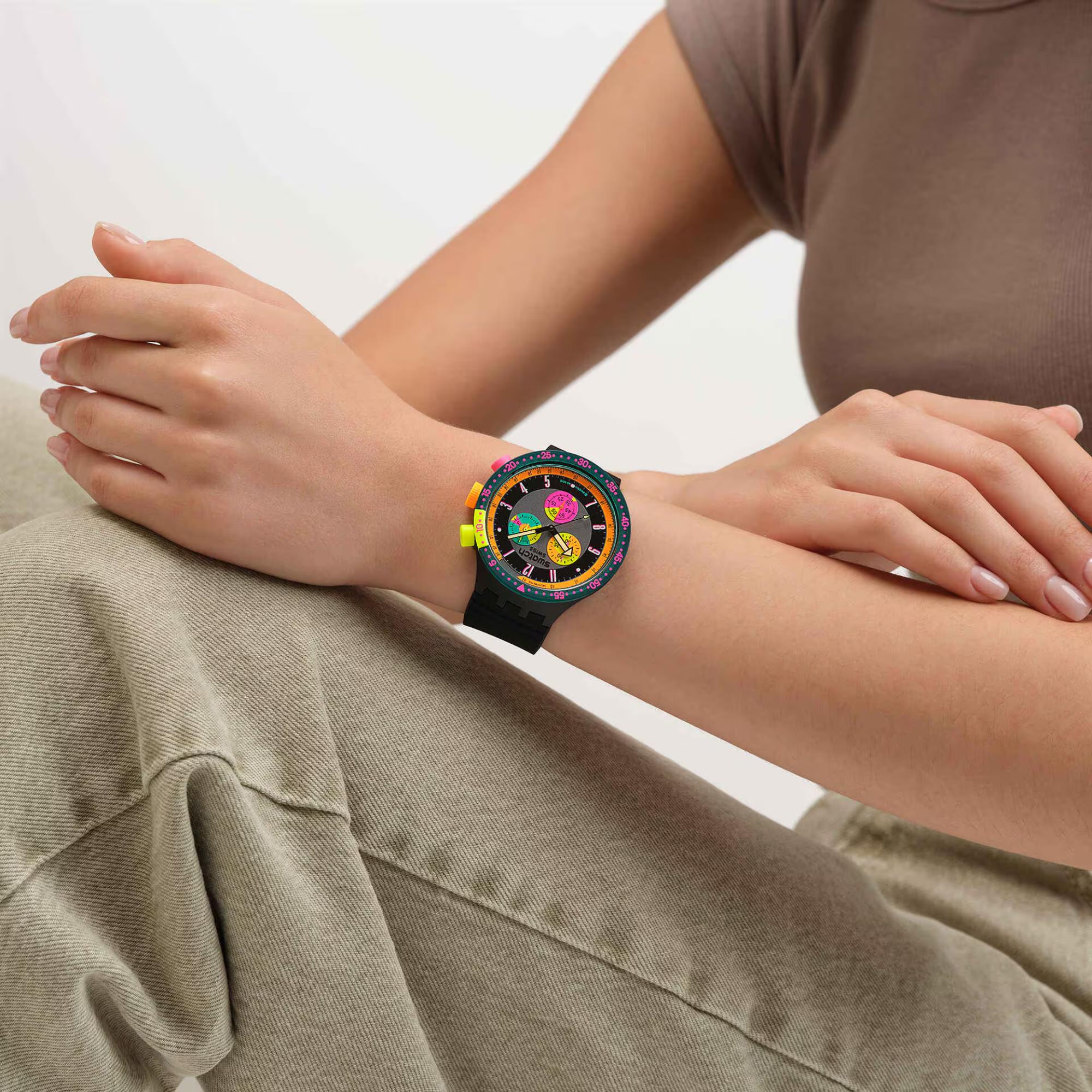 Swatch Big Bold Neon Seppia Chronograph Quartz Black Dial Silicone Strap Unisex Watch SB02B104