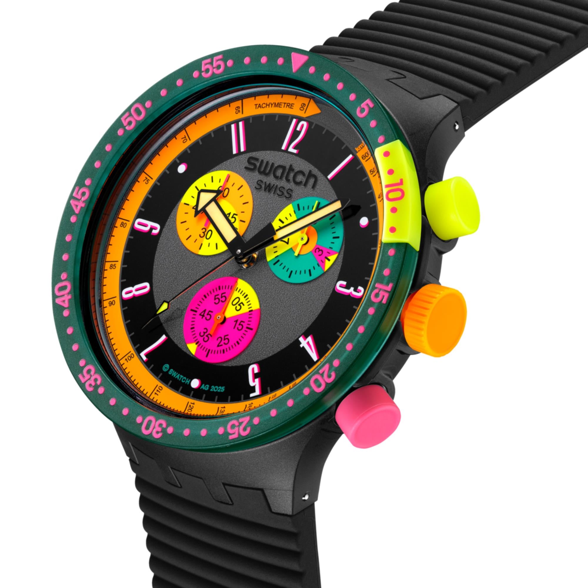 Swatch Big Bold Neon Seppia Chronograph Quartz Black Dial Silicone Strap Unisex Watch SB02B104