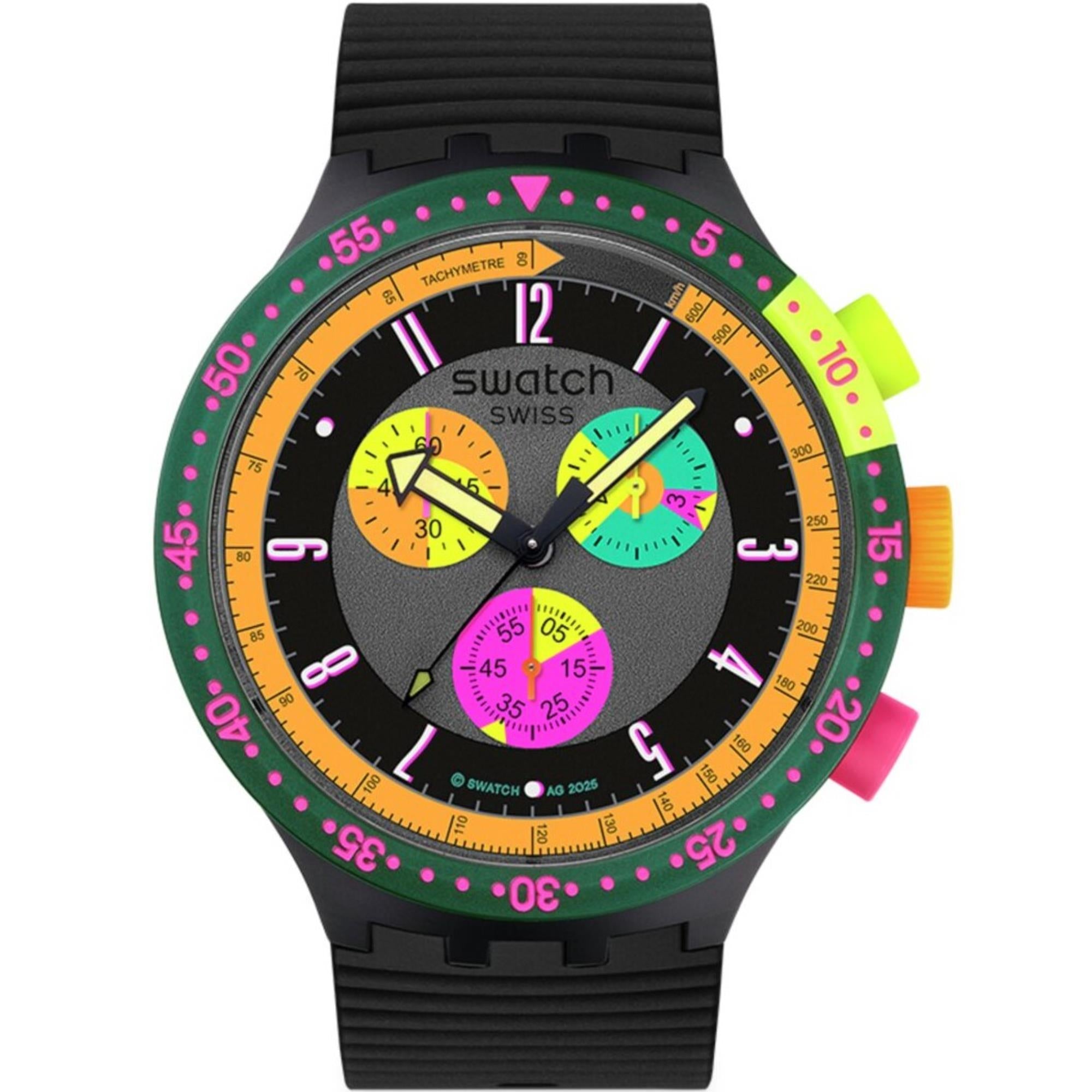 Swatch Big Bold Neon Seppia Chronograph Quartz Black Dial Silicone Strap Unisex Watch SB02B104