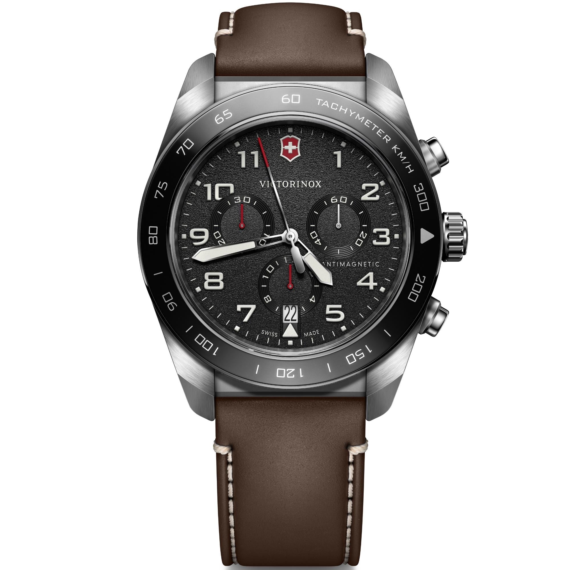 Victorinox Swiss Army Chronograph Black Dial Leather Strap Men's Watch 242046