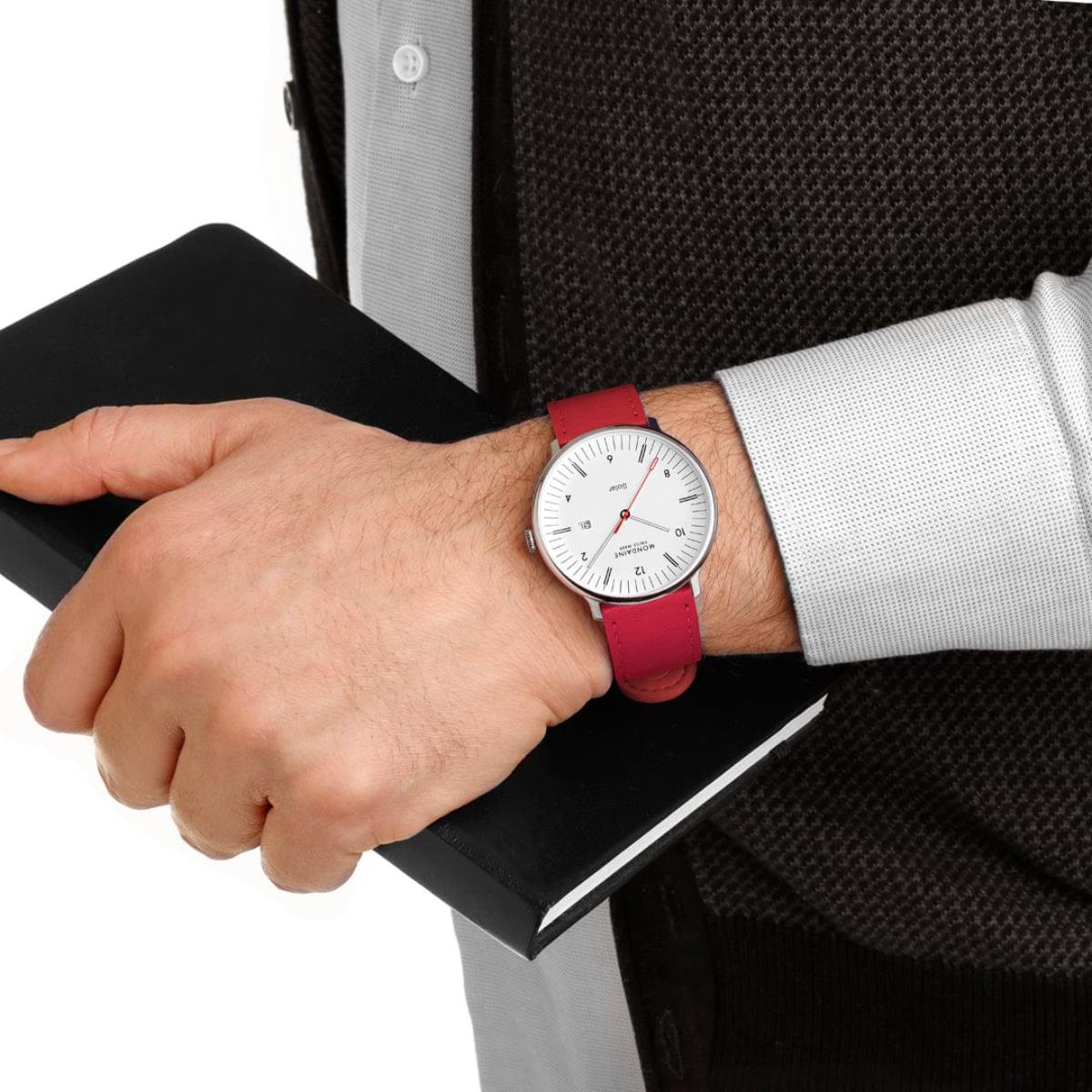 Mondaine Doppio Solar White Dial Leather Strap Men's Watch MLE.41910.LCV