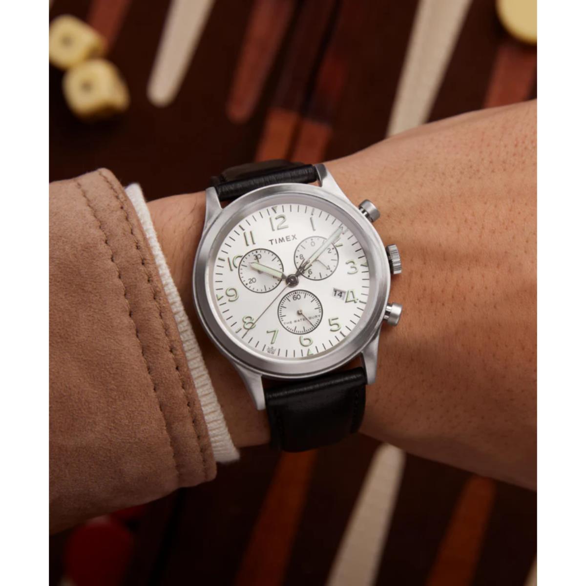 Timex Waterbury Traditional Chronograph Silver-Tone Dial Leather Strap Men's Watch TW2W48100