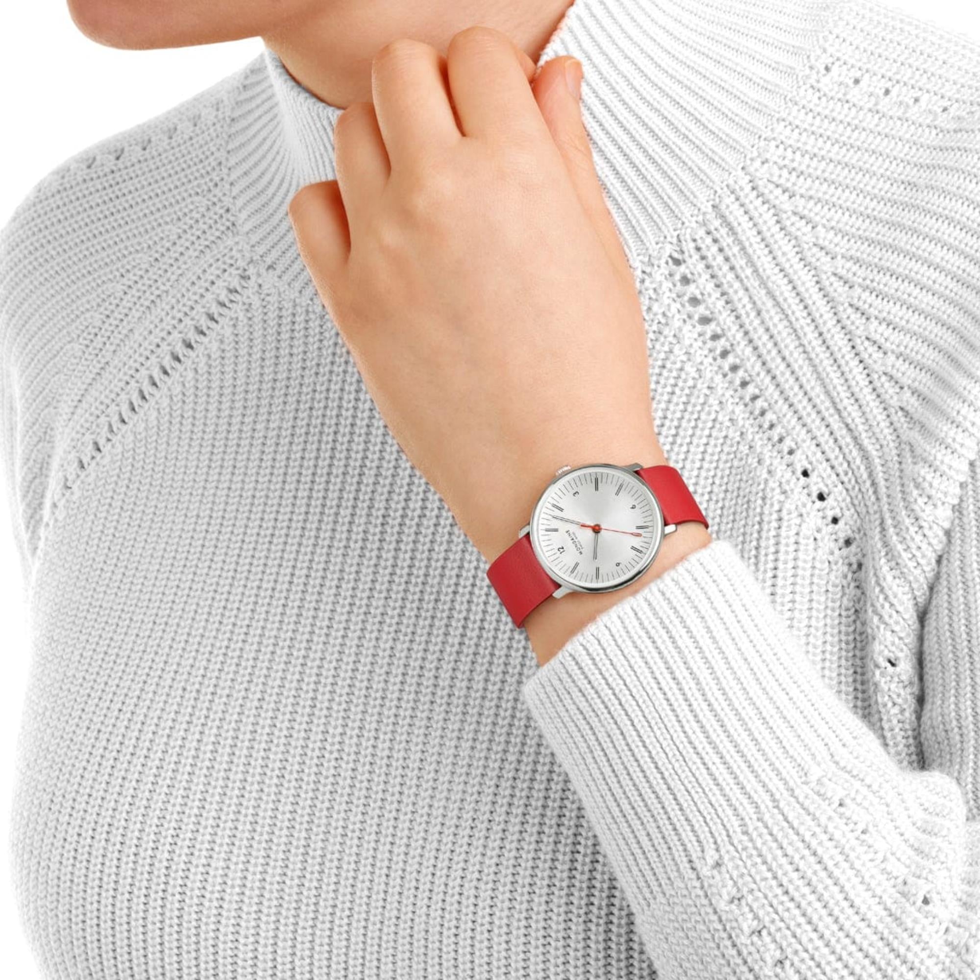 Mondaine Doppio White Dial Red Vegan Grape Leather Strap Unisex Watch MLE.33110.LCV
