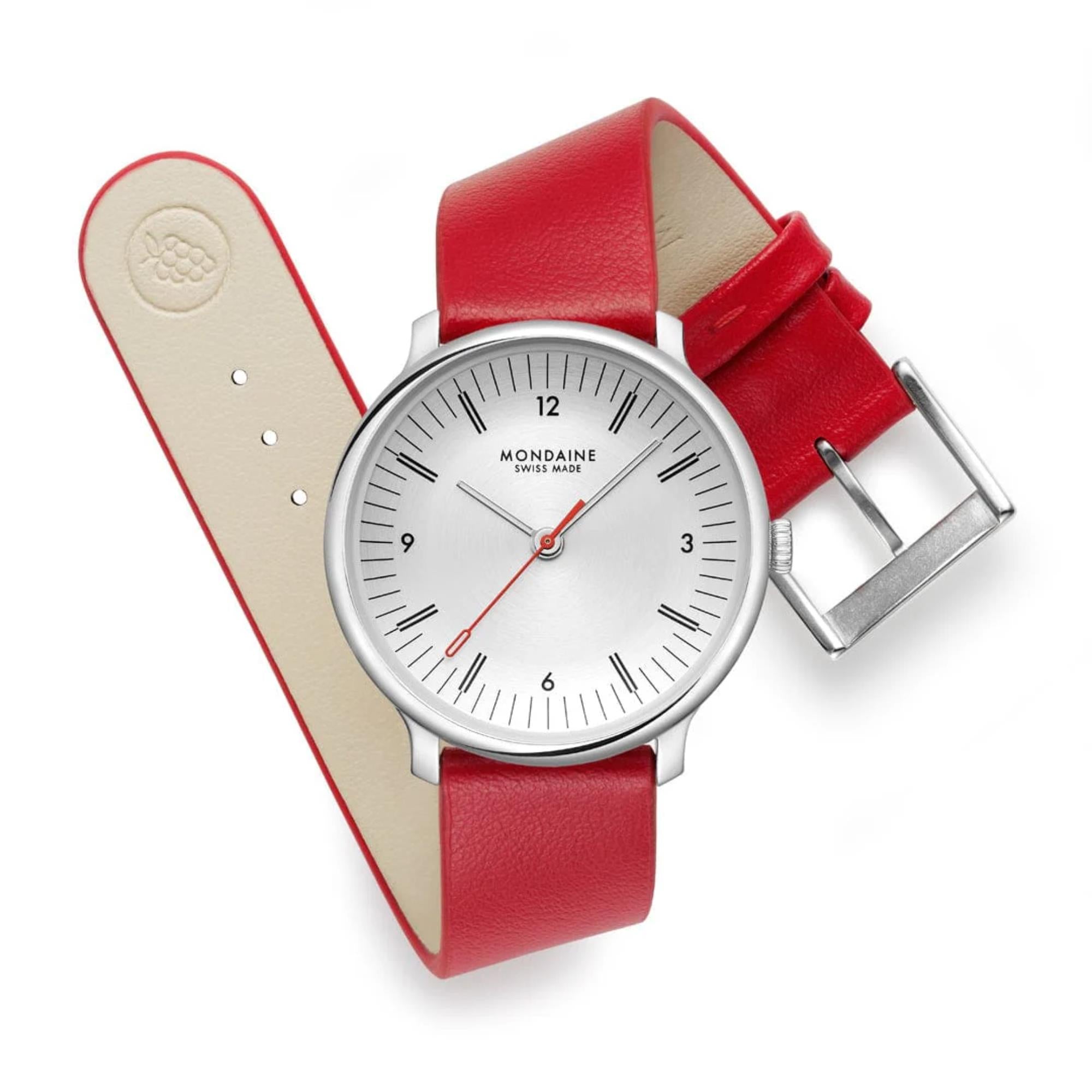 Mondaine Doppio White Dial Red Vegan Grape Leather Strap Unisex Watch MLE.33110.LCV