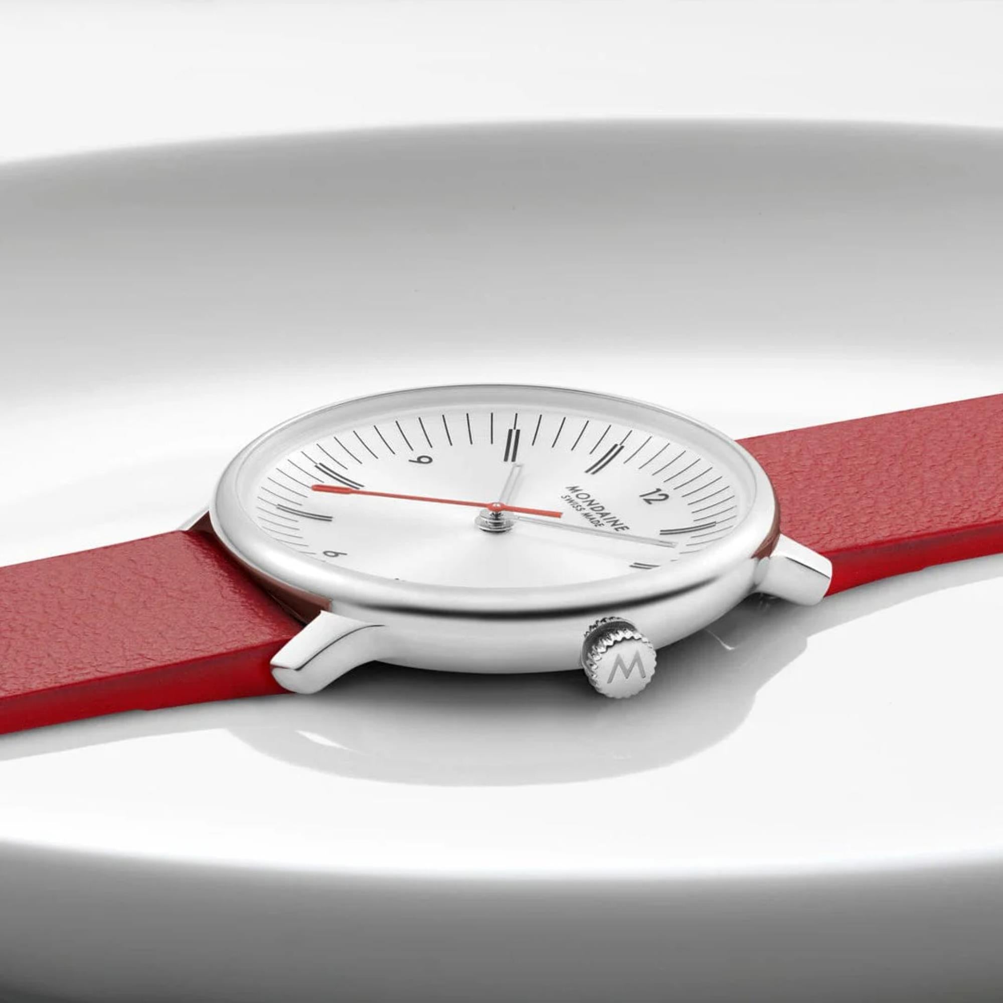Mondaine Doppio White Dial Red Vegan Grape Leather Strap Unisex Watch MLE.33110.LCV