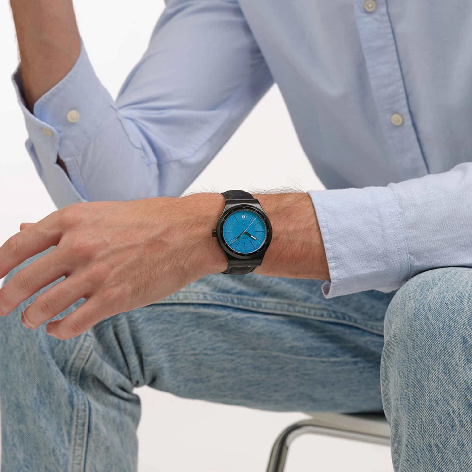 Swatch Irony Blackcloack Mechanism Blue Dial Leather Strap Unisex Watch YIB408