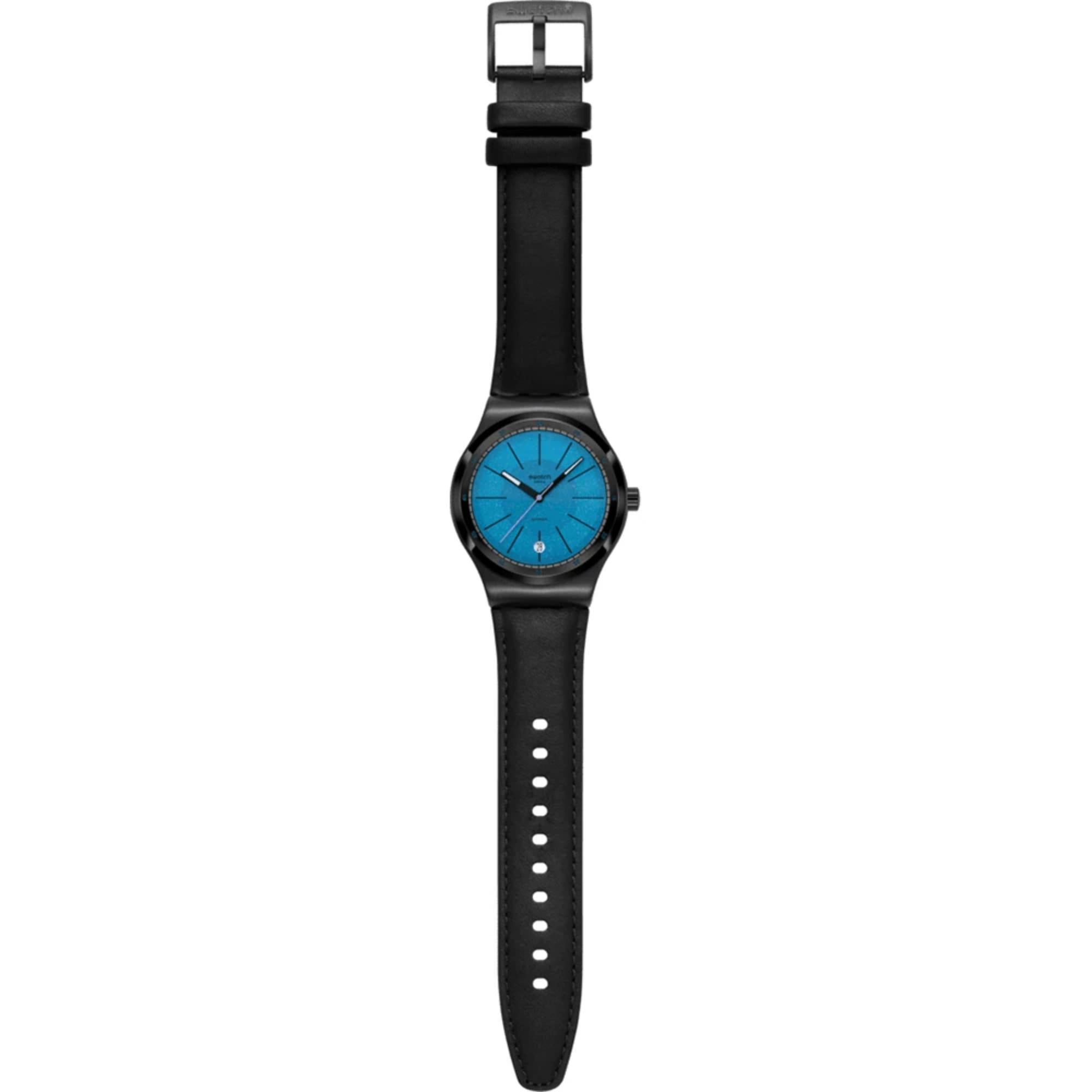 Swatch Irony Blackcloack Mechanism Blue Dial Leather Strap Unisex Watch YIB408
