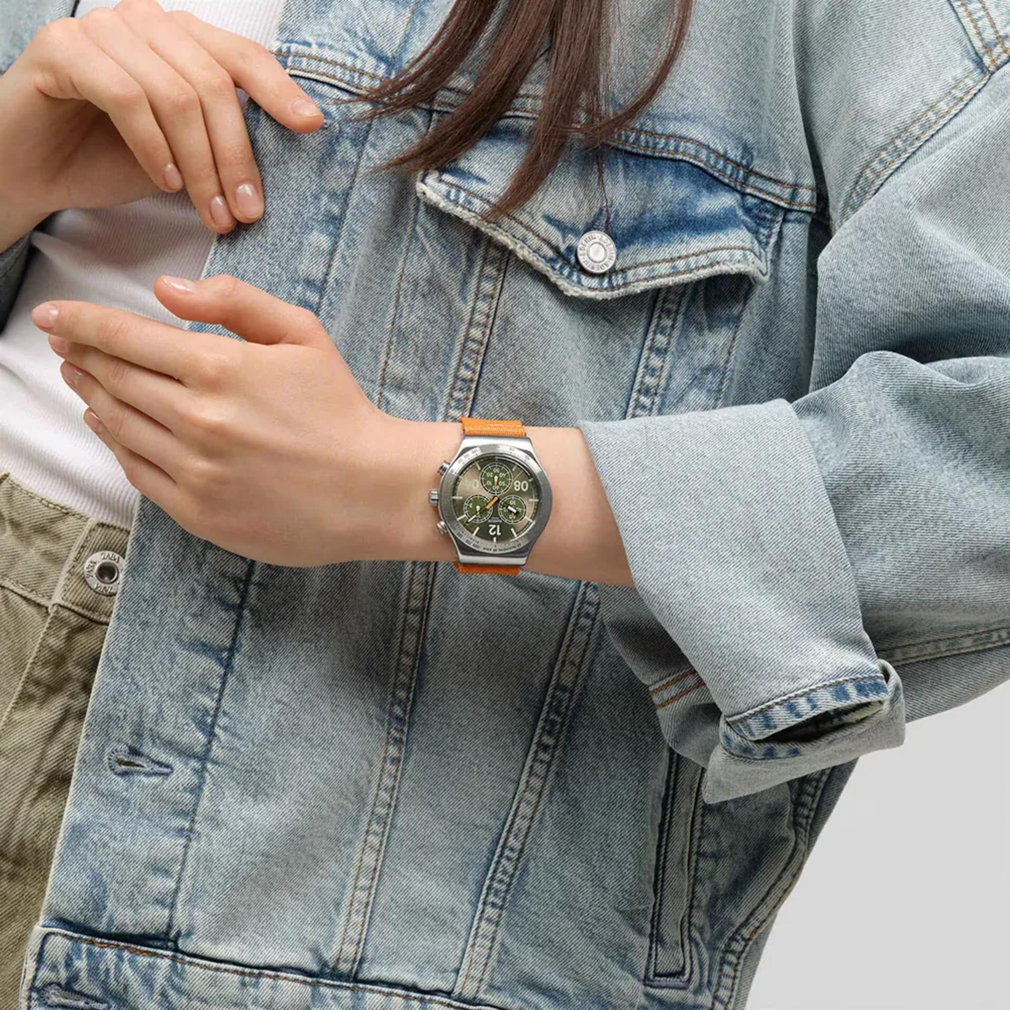 Swatch Irony Vacation Time Brown Dial Textile Strap Watch YVS101