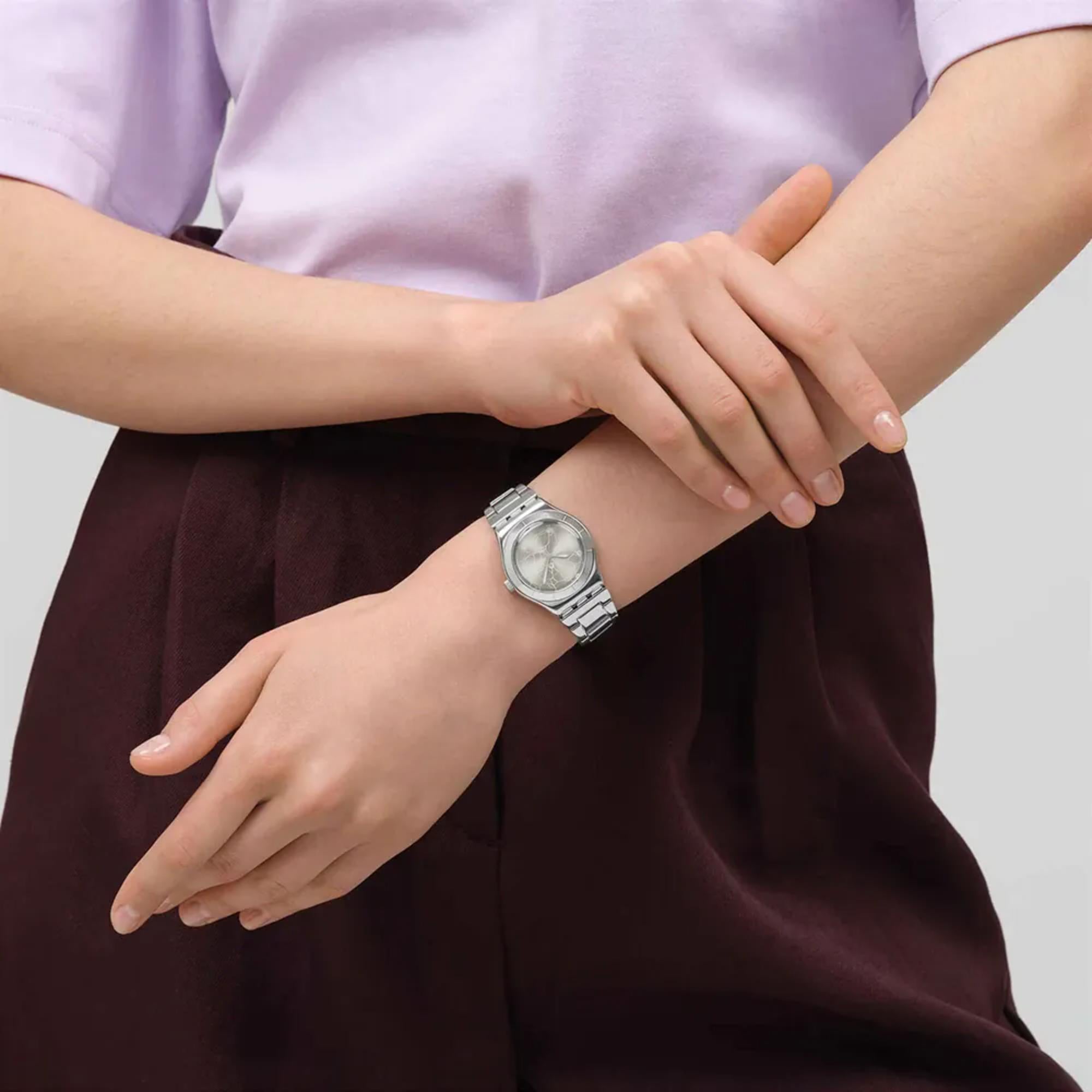 Swatch Petal Bliss Grey Dial Steel Strap Unisex Watch YLS237G