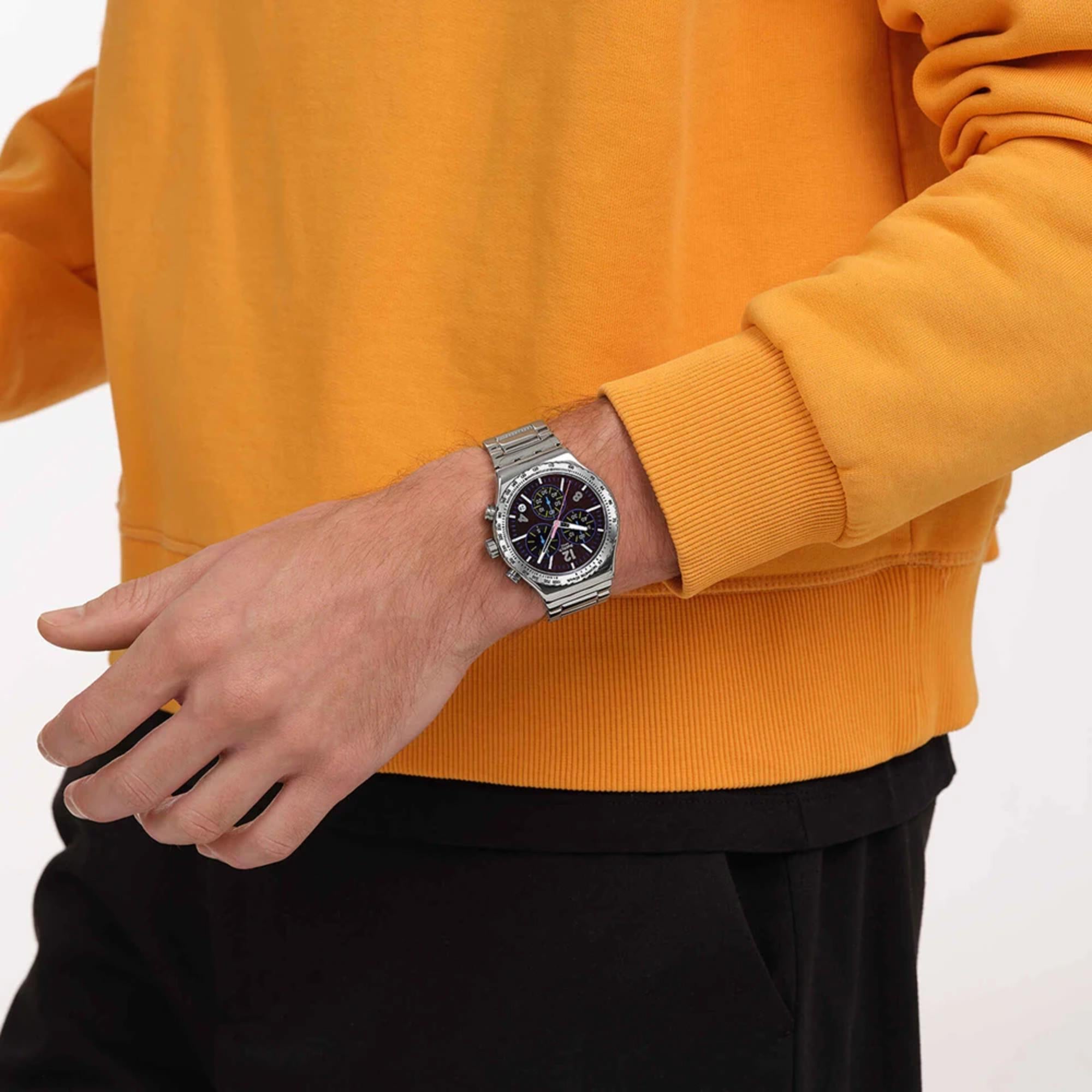 Swatch Irony Purple Glow Chronograph Black Dial Steel Strap Unisex Watch YVS533G