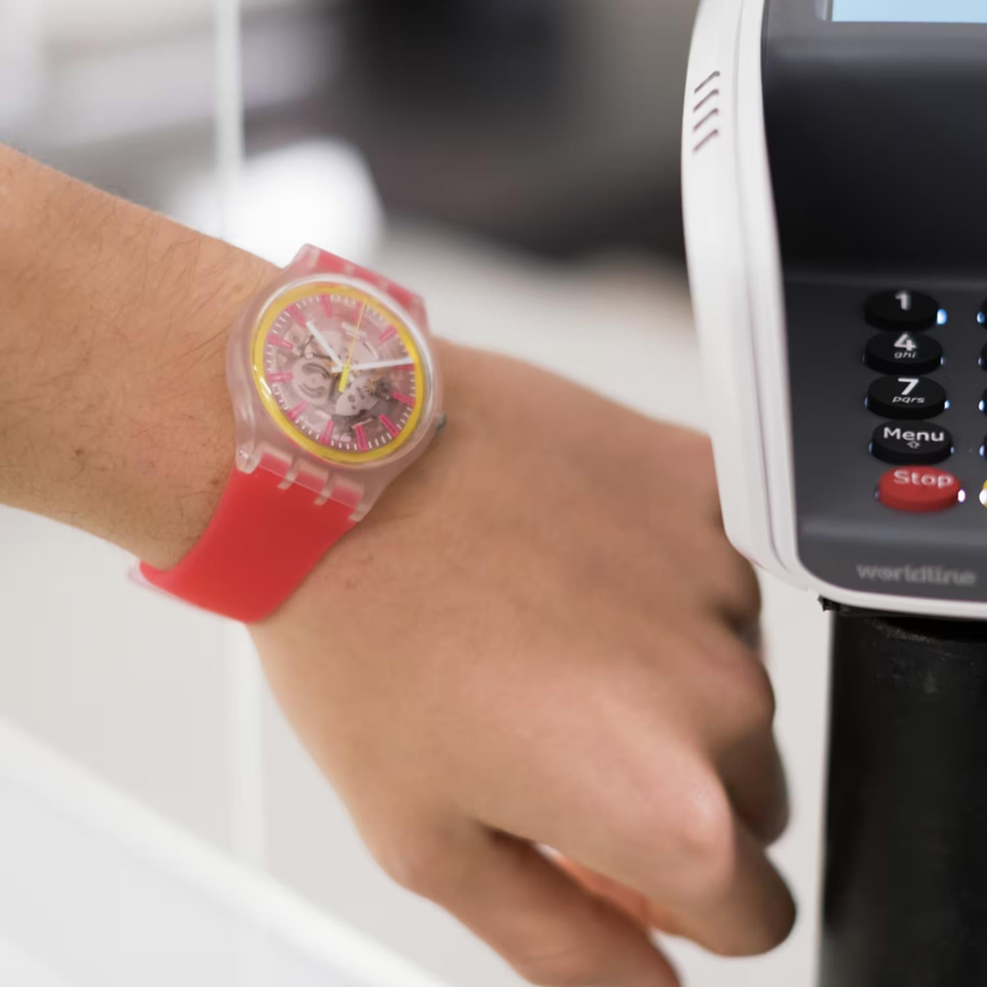 Swatch Originals Fragole Pay! Transparent Dial Silicone Strap Unisex Watch SVIK104-5300