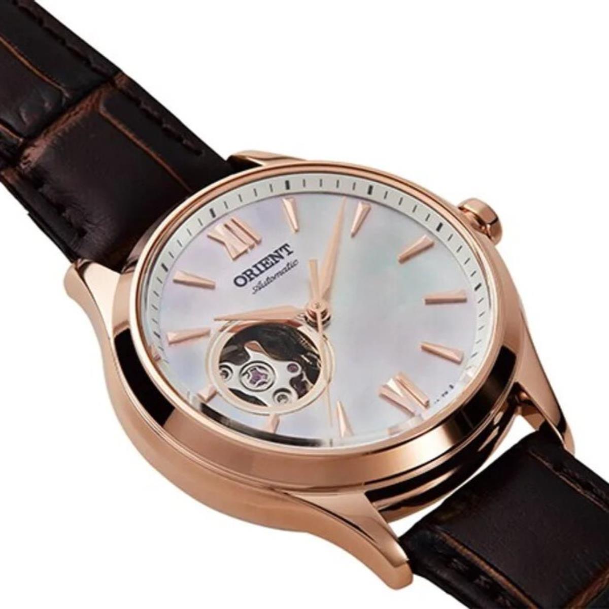 Orient Contemporary 37mm Stella Open Heart Silver Dial Leather Ladies Automatic Watch RA-AG0022A30B