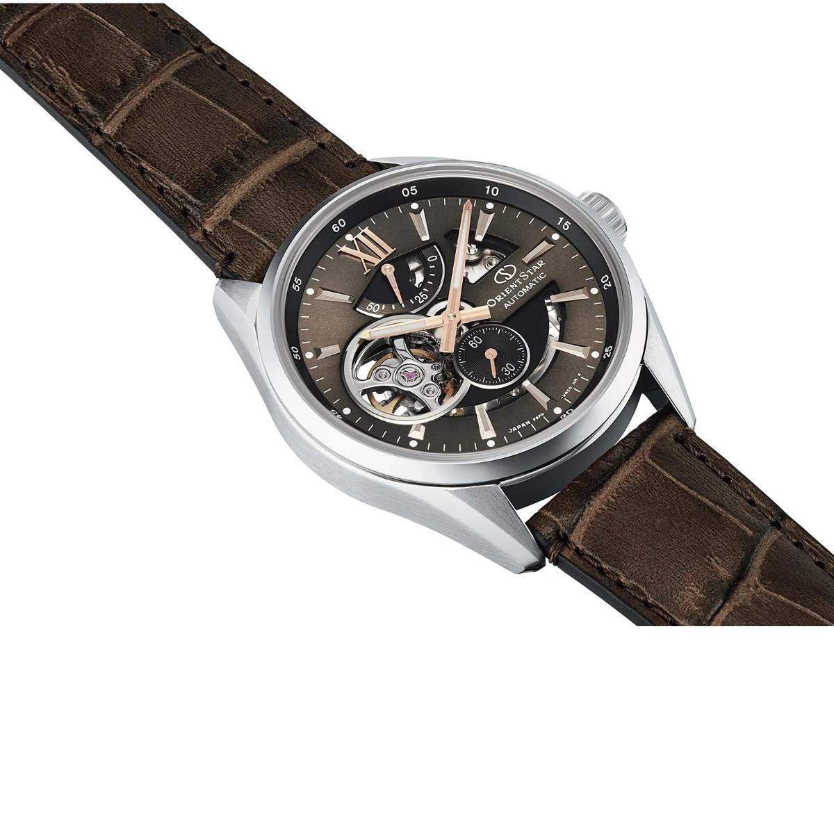 Orient Star Contemporary 41mm Semi-Skeleton Brown Dial Leather Mens Mechanical Watch RE-AV0006Y00B
