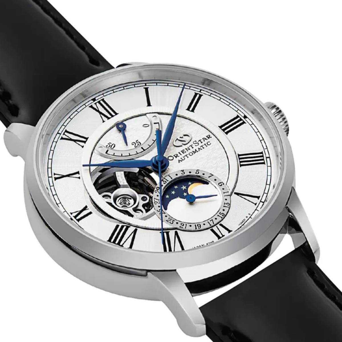 Orient Star Moon Phase Classic White Dial Leather Strap Men's Dress Watch RE-AY0106S00B