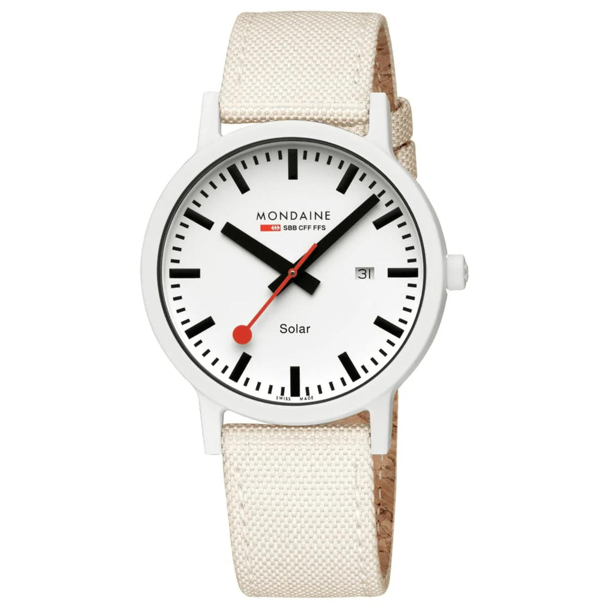 Mondaine Essence MS1.41910.LA front view showing white dial face with date window and textile strap