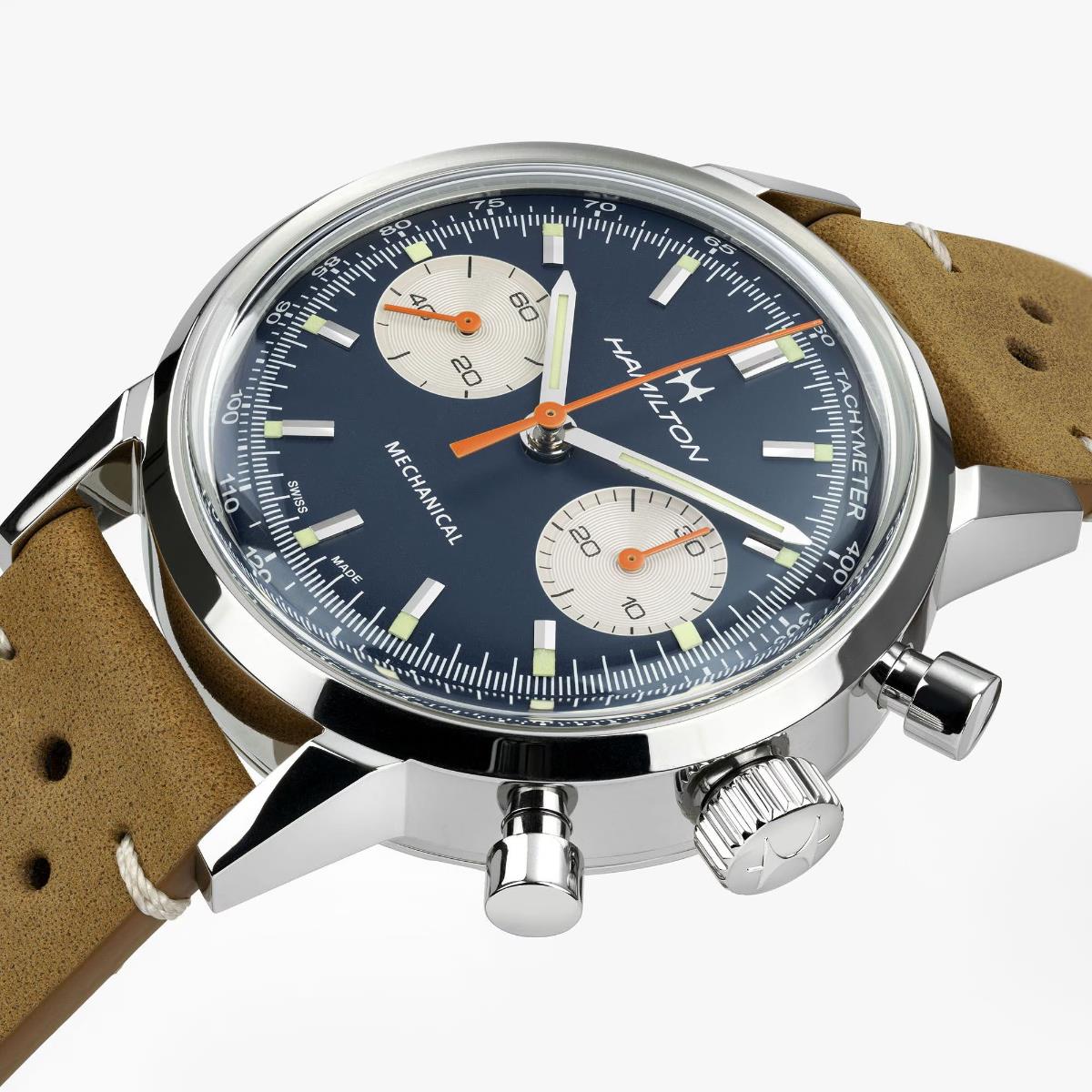 Hamilton American Classic 40mm Chronograph Blue Dial Leather Mens Mechanical Watch H38429541