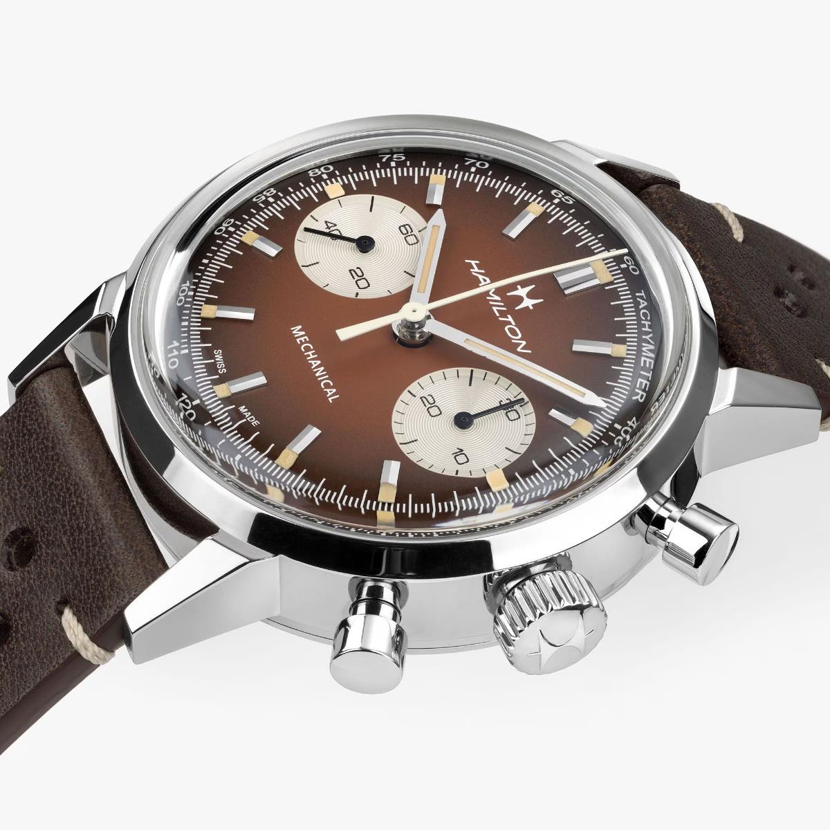 Hamilton Intra-Matic brown chronograph watch with a brown leather strap close-up