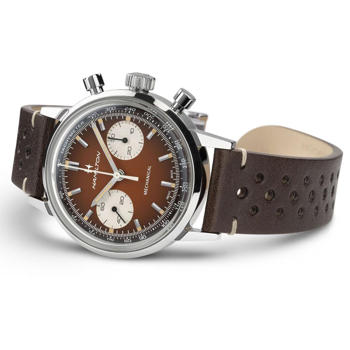 Hamilton American Classic 40mm Intra-Matic brown chronograph watch with a brown leather strap