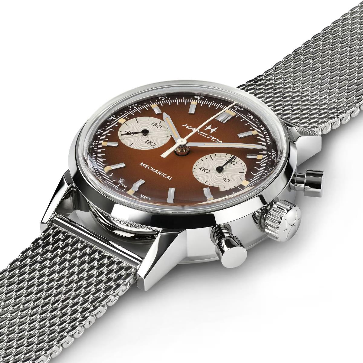 Hamilton American Classic Intra-Matic brown chronograph watch with a mesh bracelet