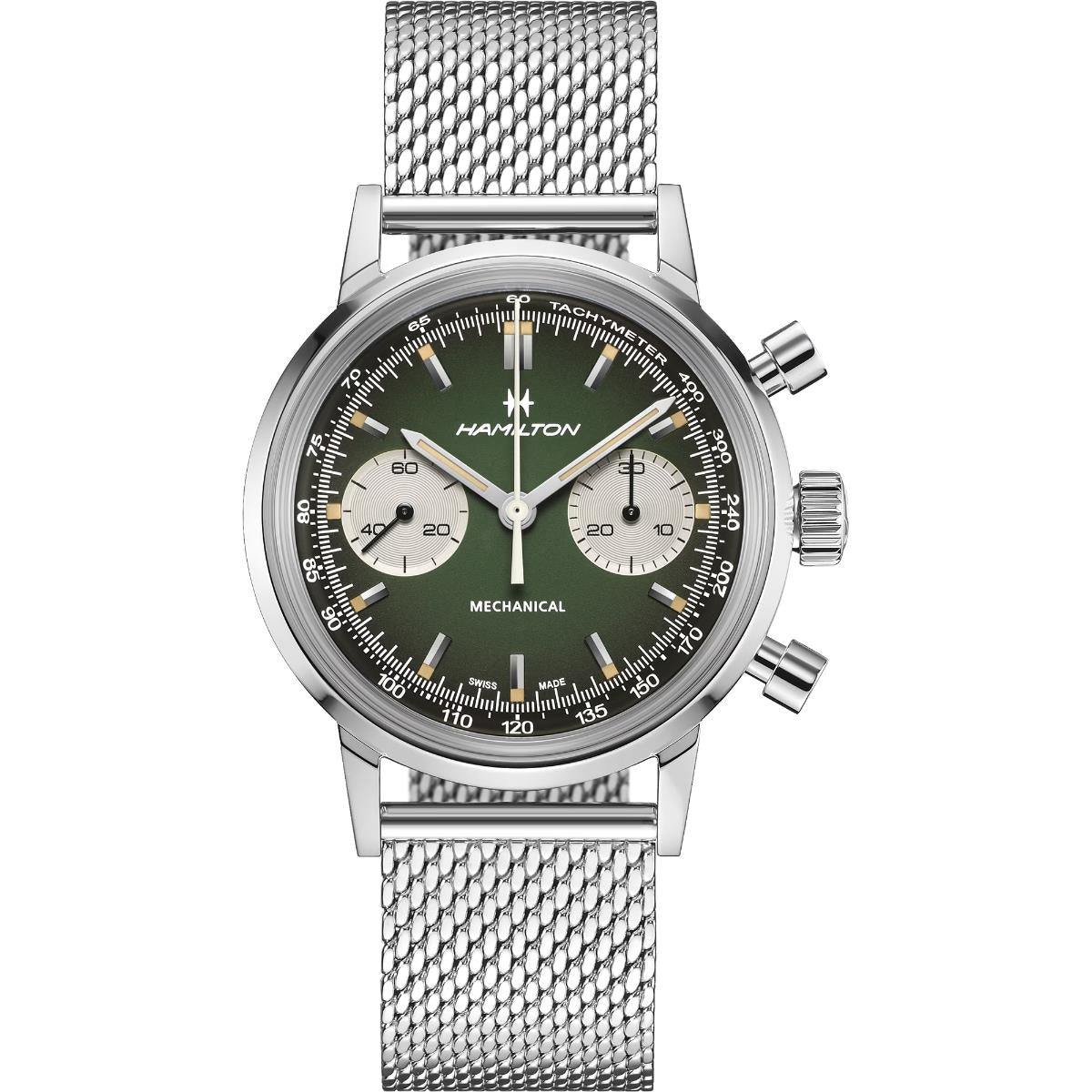 Hamilton Intra-Matic green chronograph watch with a mesh bracelet