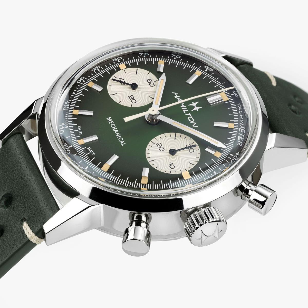 Hamilton American Classic Intra-Matic Chronograph H Green Dial Leather Strap Men's Watch H38429861
