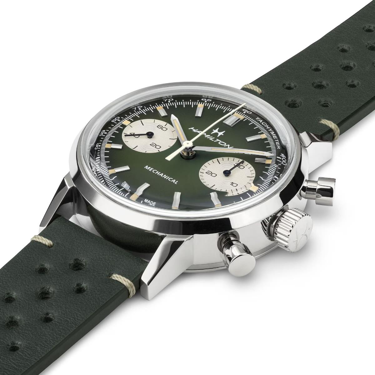 Hamilton American Classic Intra-Matic Chronograph H Green Dial Leather Strap Men's Watch H38429861