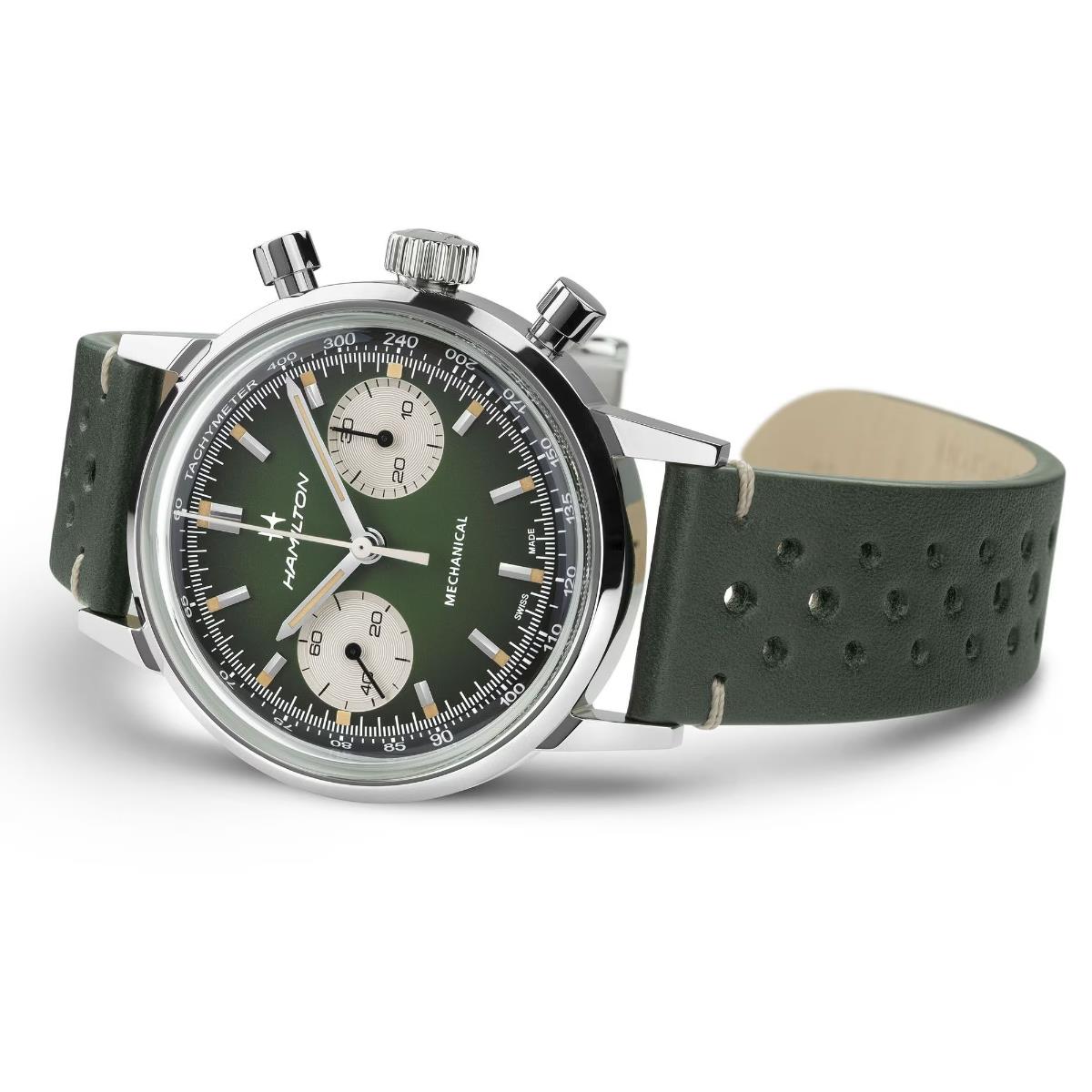 Hamilton American Classic Intra-Matic Chronograph H Green Dial Leather Strap Men's Watch H38429861
