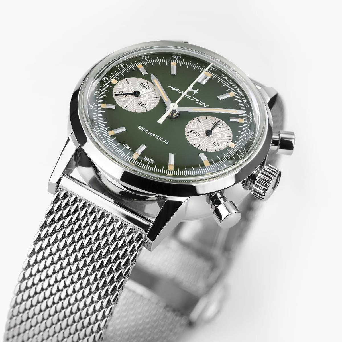 Hamilton American Classic Intra-Matic Chronograph H Green Dial Leather Strap Men's Watch H38429861