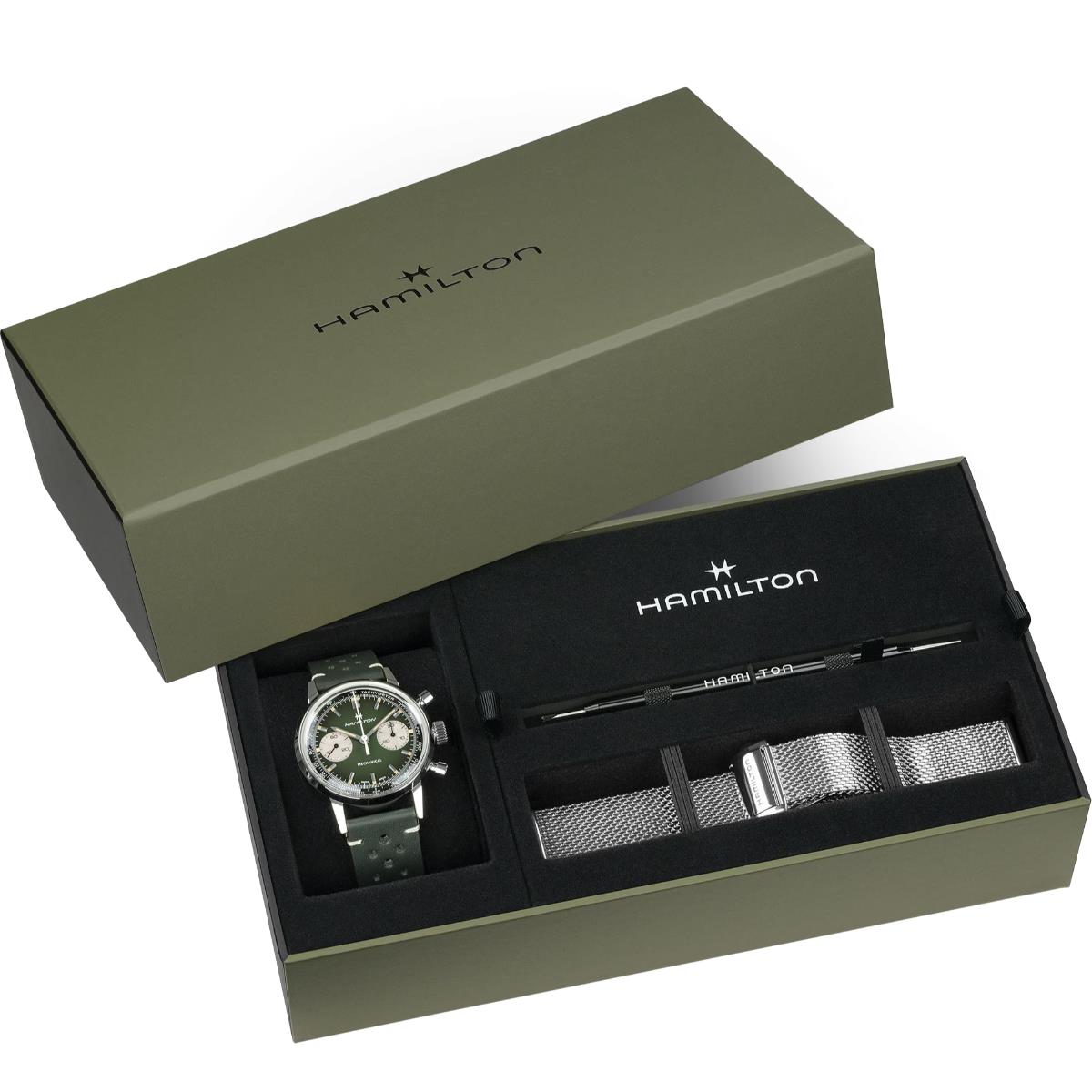 Hamilton American Classic Intra-Matic Chronograph H Green Dial Leather Strap Unisex Watch H38429861