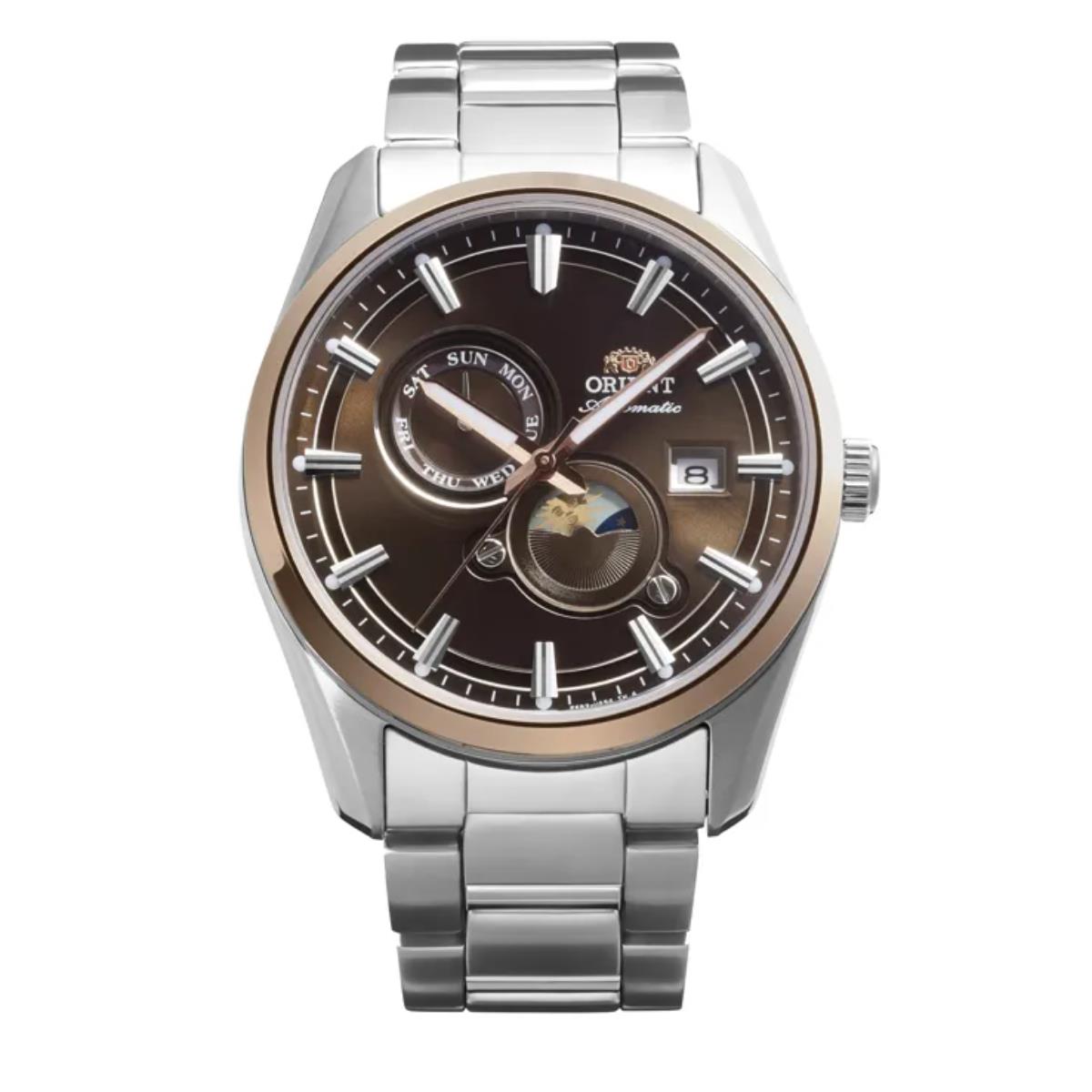 Orient Stretto Sun & Moon Automatic Brown Dial Steel Strap Men's Watch RA-AK0313Y30B