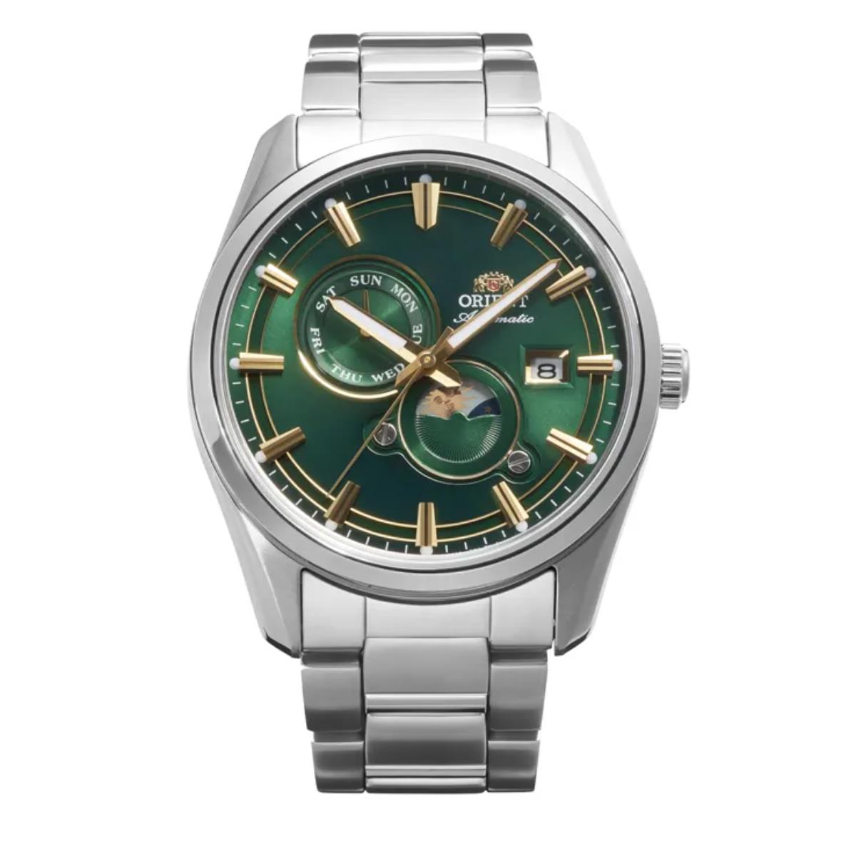 Orient Stretto Sun & Moon Automatic Green Dial Steel Strap Men's Watch RA-AK0314E30B