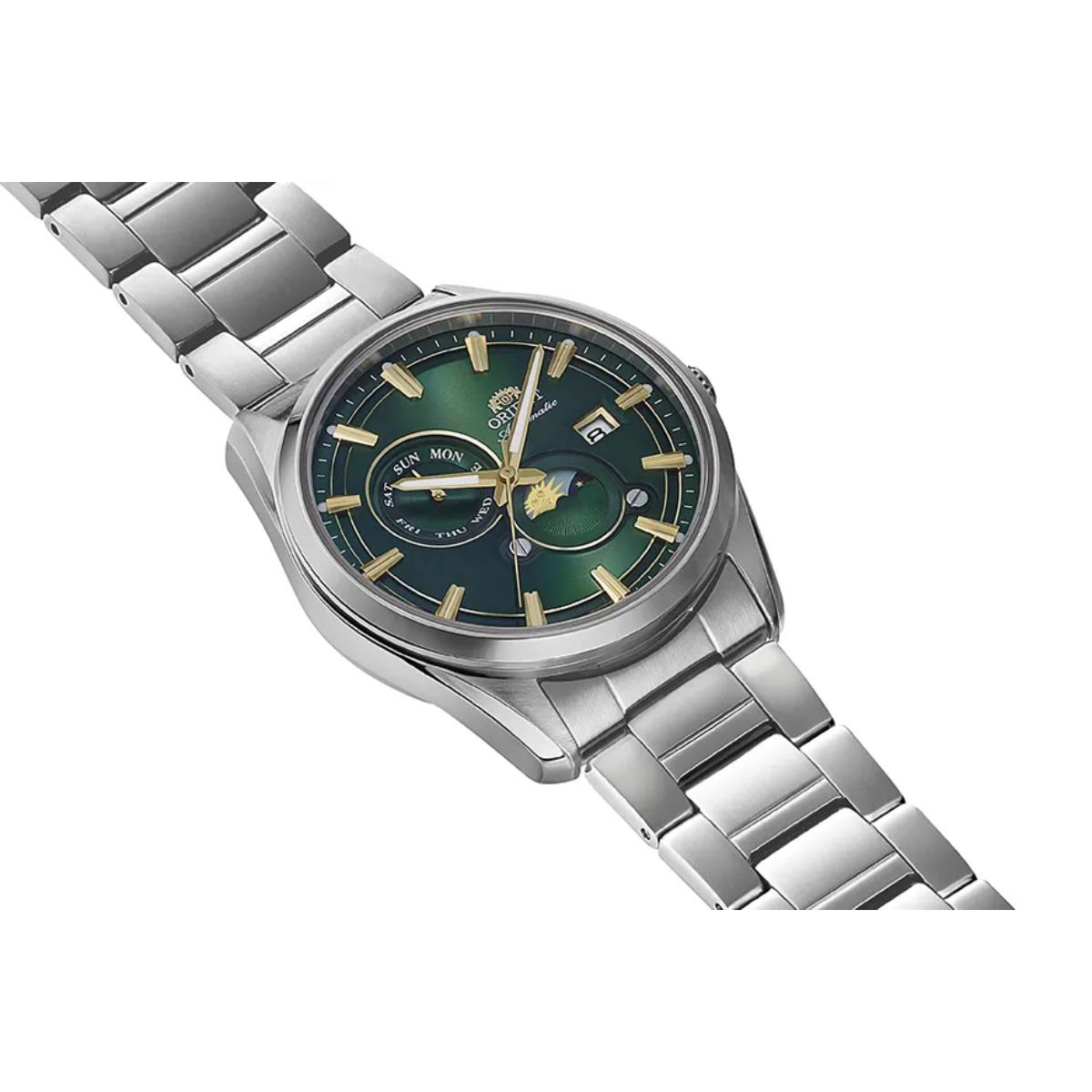 Orient Stretto Sun & Moon Automatic Green Dial Steel Strap Men's Watch RA-AK0314E30B