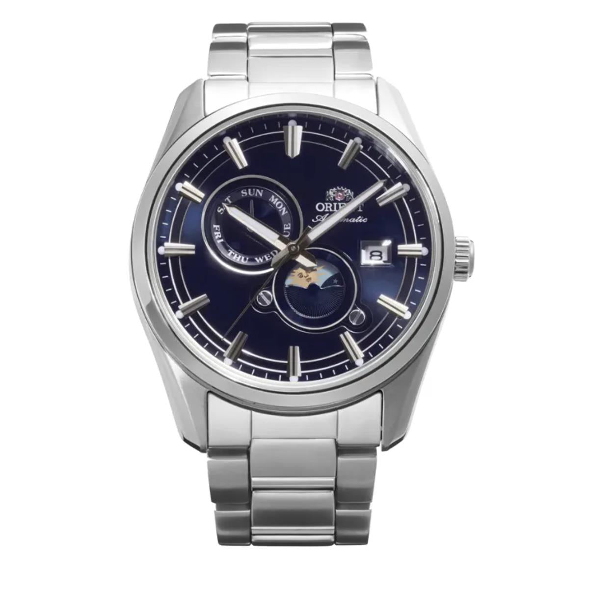 Orient Stretto Sun & Moon Automatic Blue Dial Steel Strap Men's Watch RA-AK0315L30B