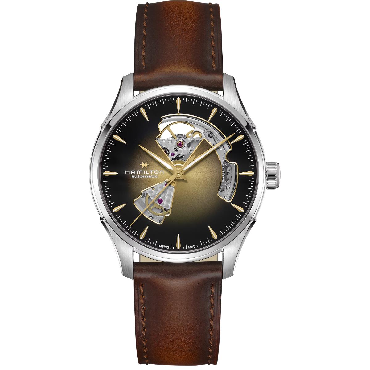 Hamilton Jazzmaster 40mm Open Heart black sunray dial leather automatic watch H32675501 front view