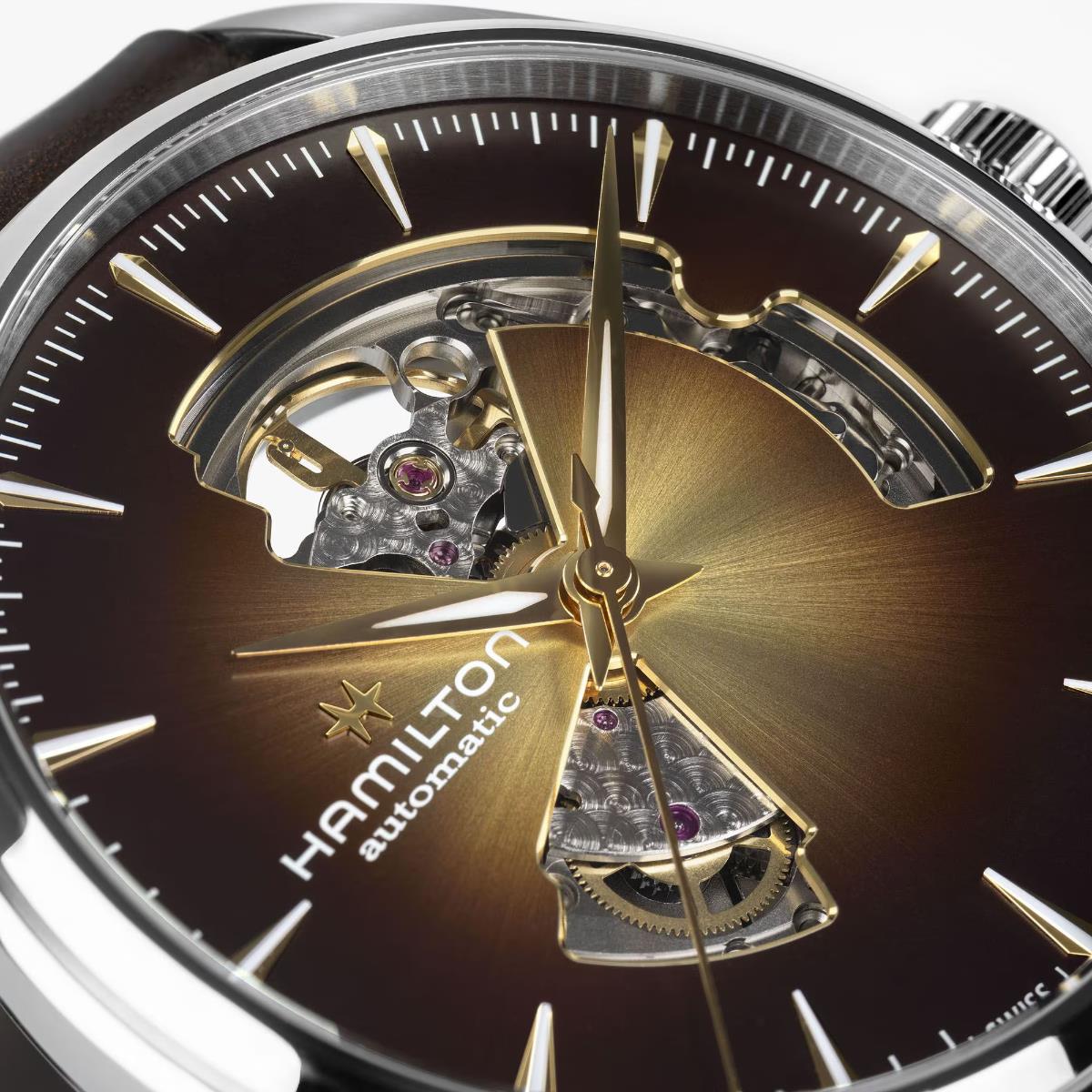 Hamilton H32705501 smoky brown dial with open-heart aperture and balance close-up