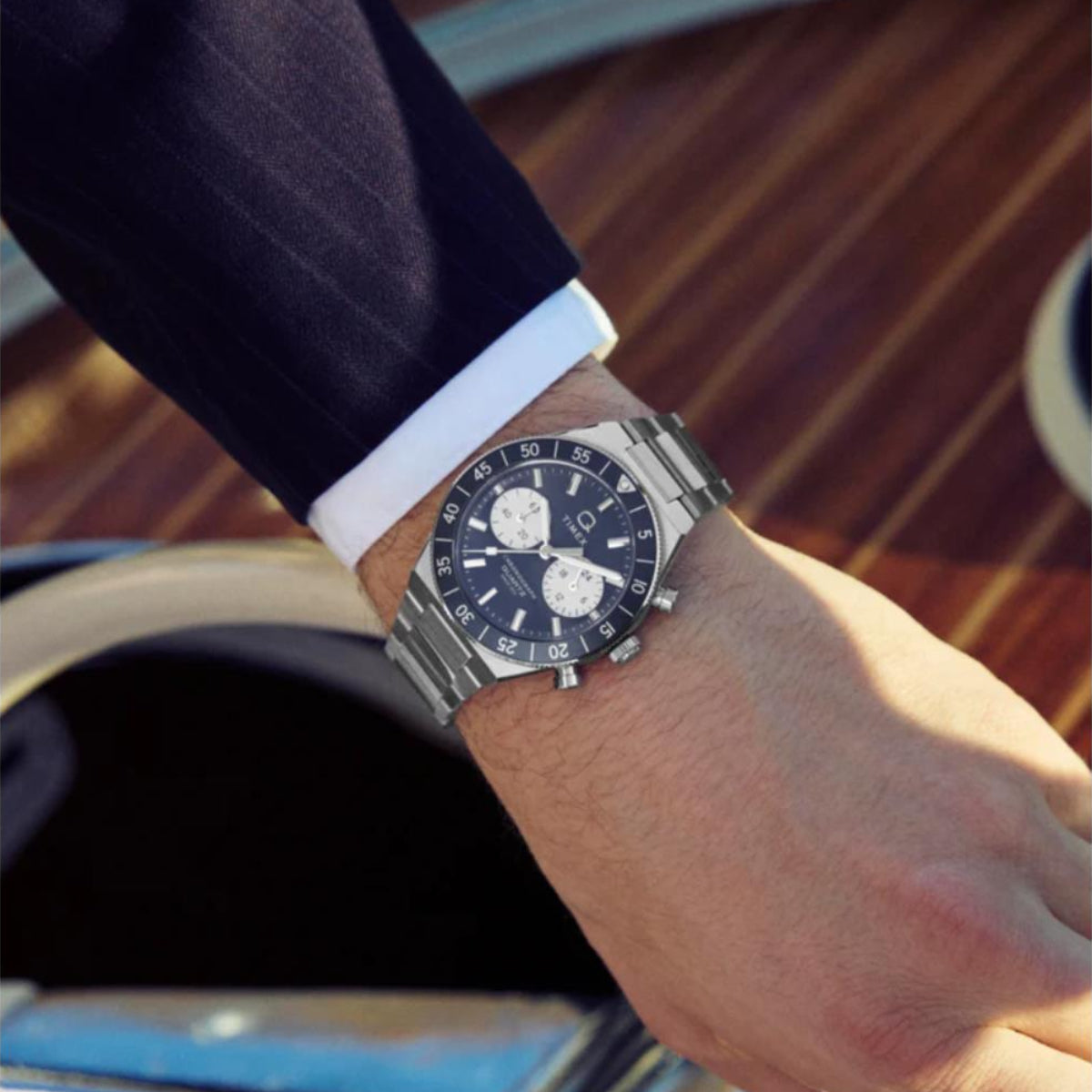 Timex Q Continental Chronograph Blue Dial Steel Strap Men's Watch TW2Y55900