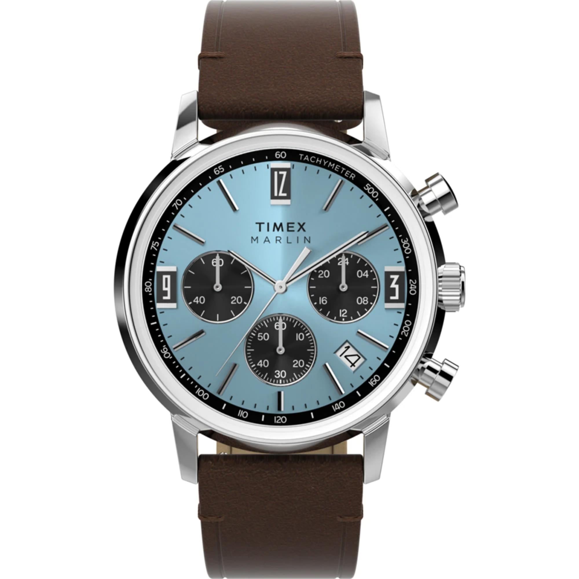 Timex Marlin Chronograph Tachymeter Blue Dial Leather Strap Men's Watch TW2Y66600
