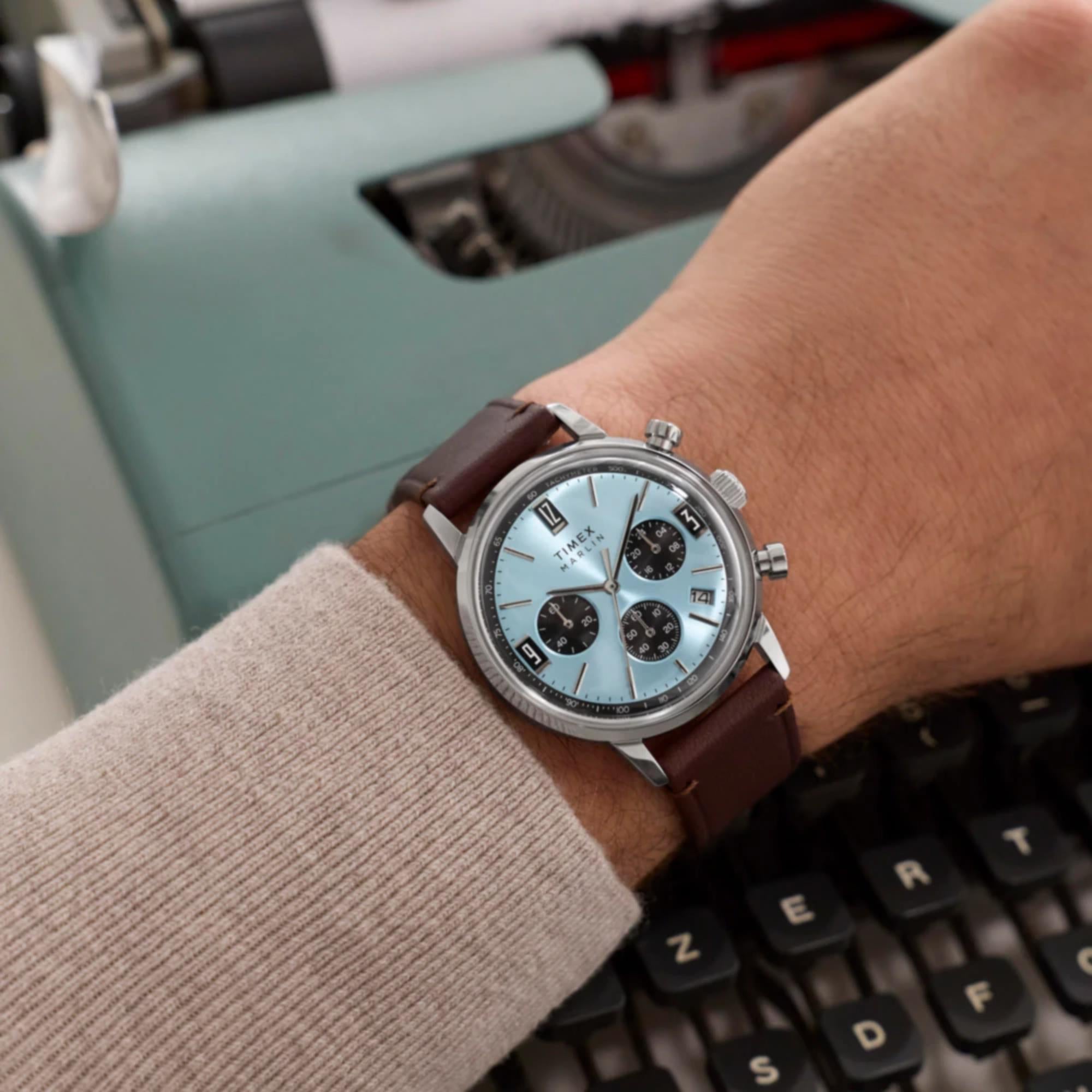 Timex Marlin Chronograph Tachymeter Blue Dial Leather Strap Men's Watch TW2Y66600