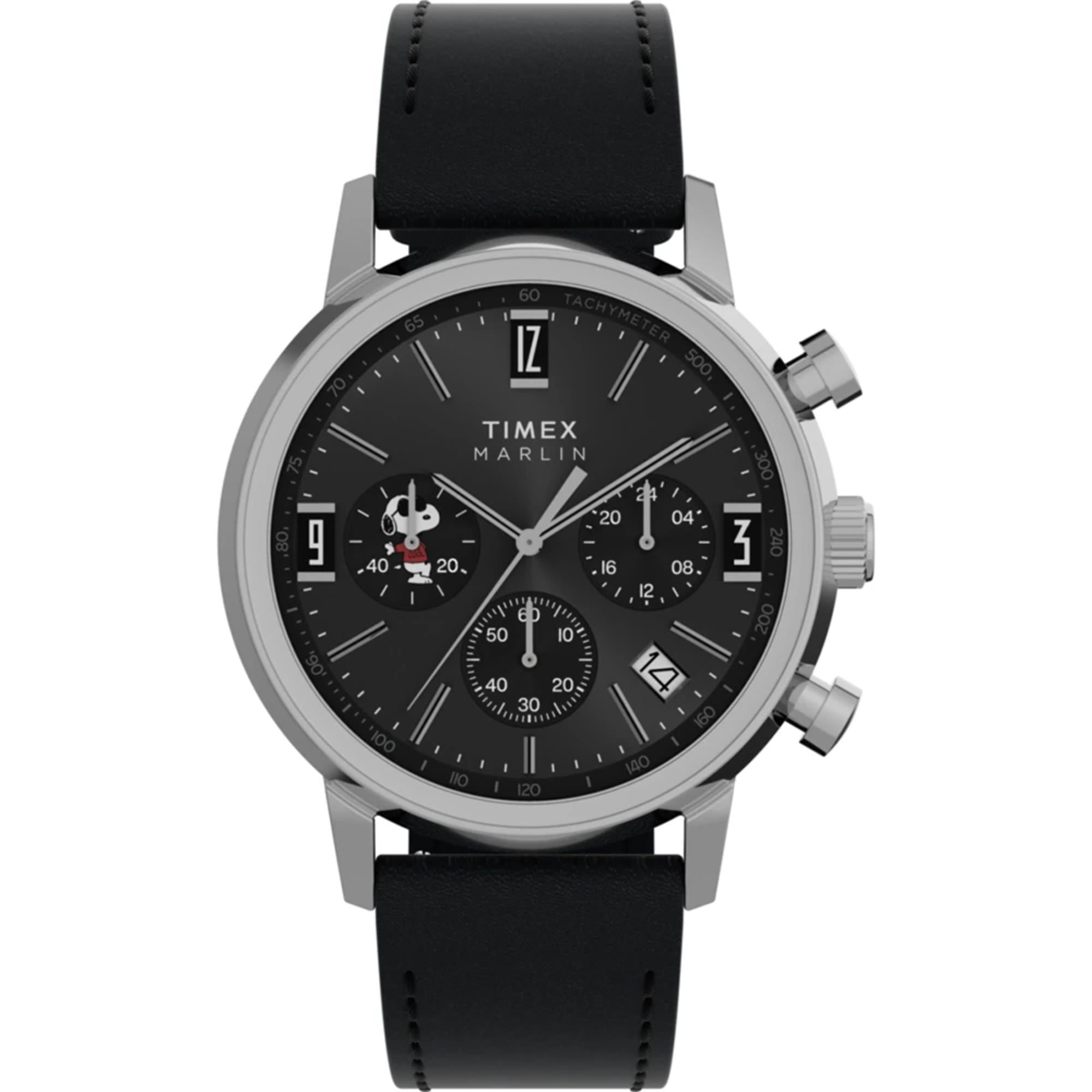 Timex Peanuts Marlin Chronograph Joe Cool Black Dial Leather Strap Men's Watch TW2Y48500