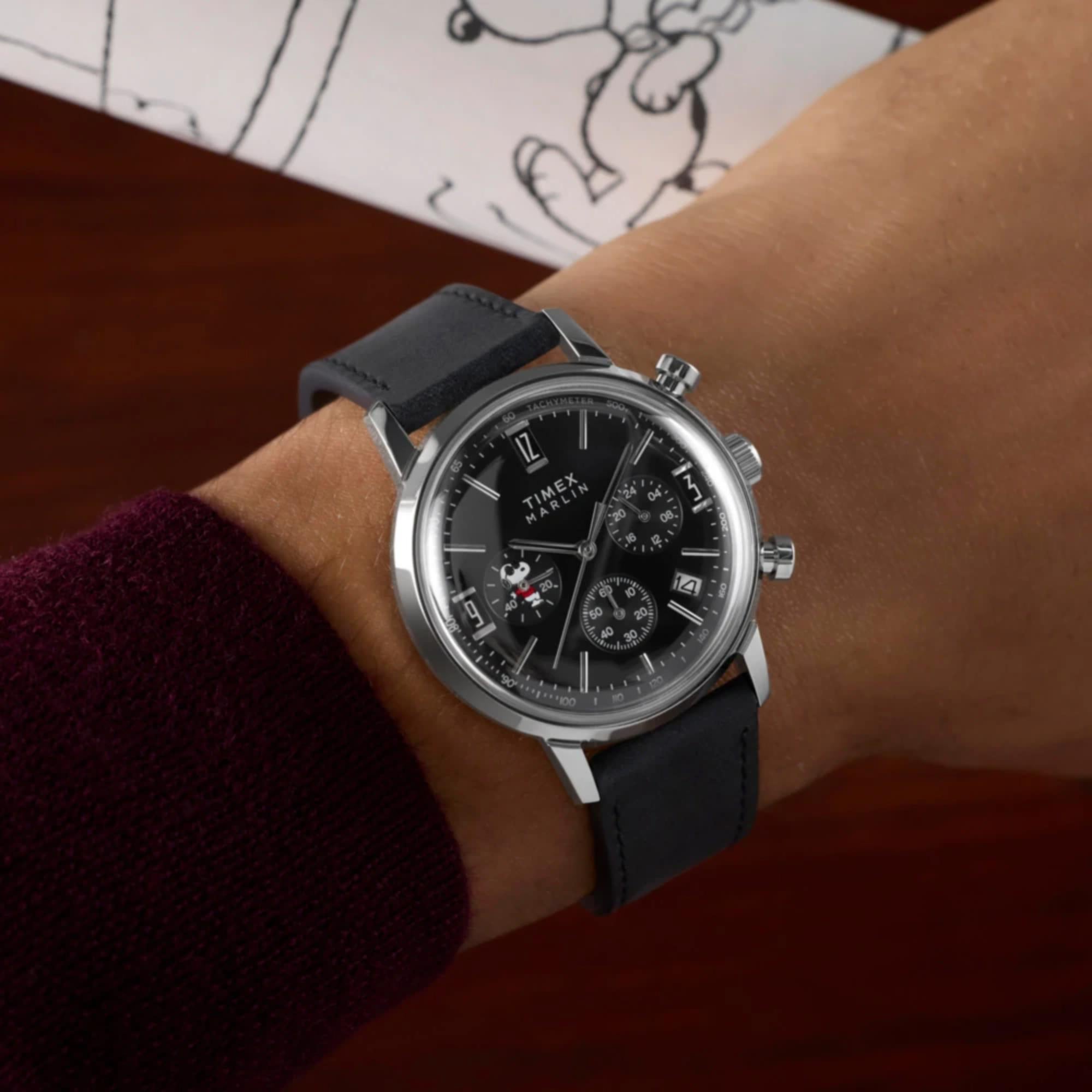 Timex Peanuts Marlin Chronograph Joe Cool Black Dial Leather Strap Men's Watch TW2Y48500