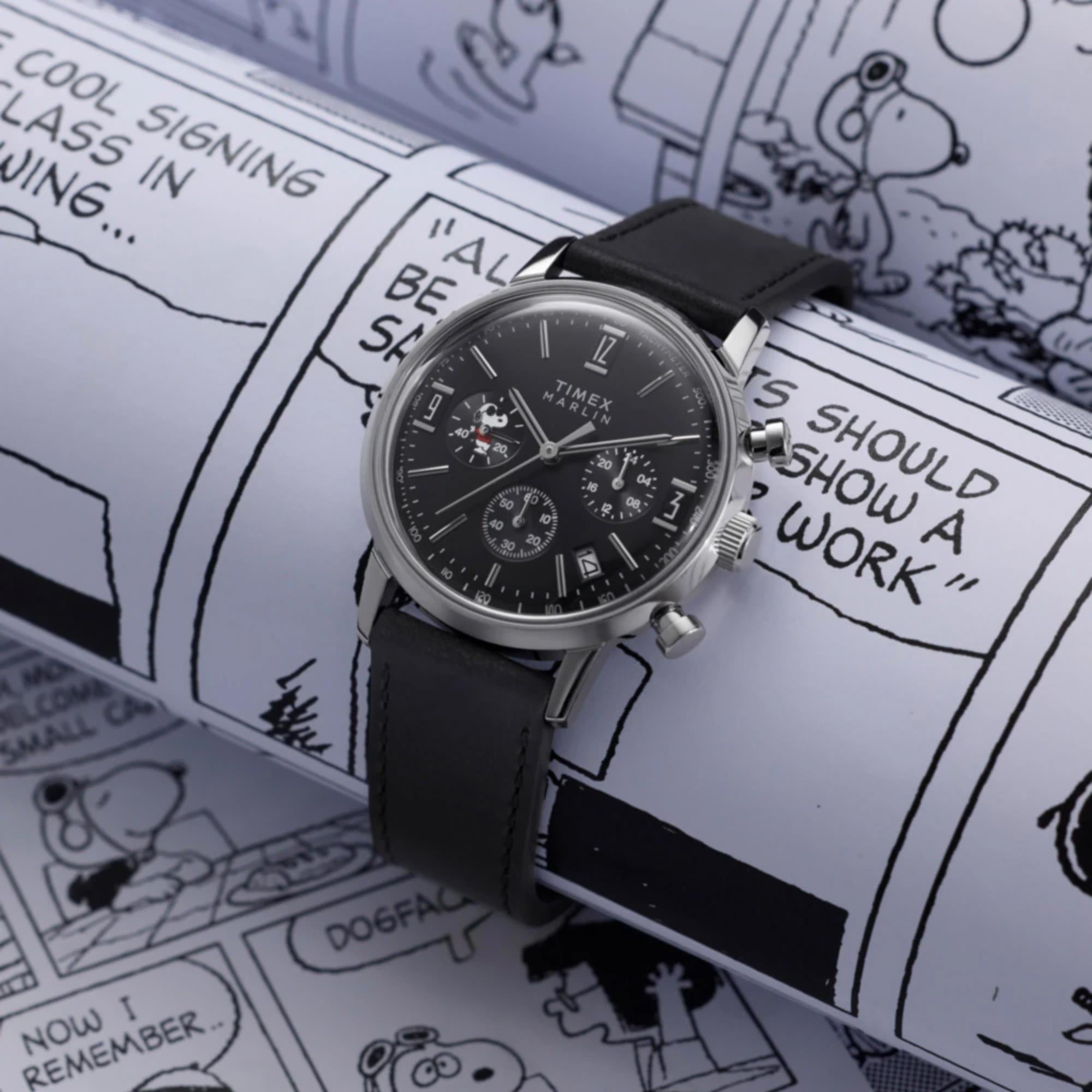 Timex Peanuts Marlin Chronograph Joe Cool Black Dial Leather Strap Men's Watch TW2Y48500