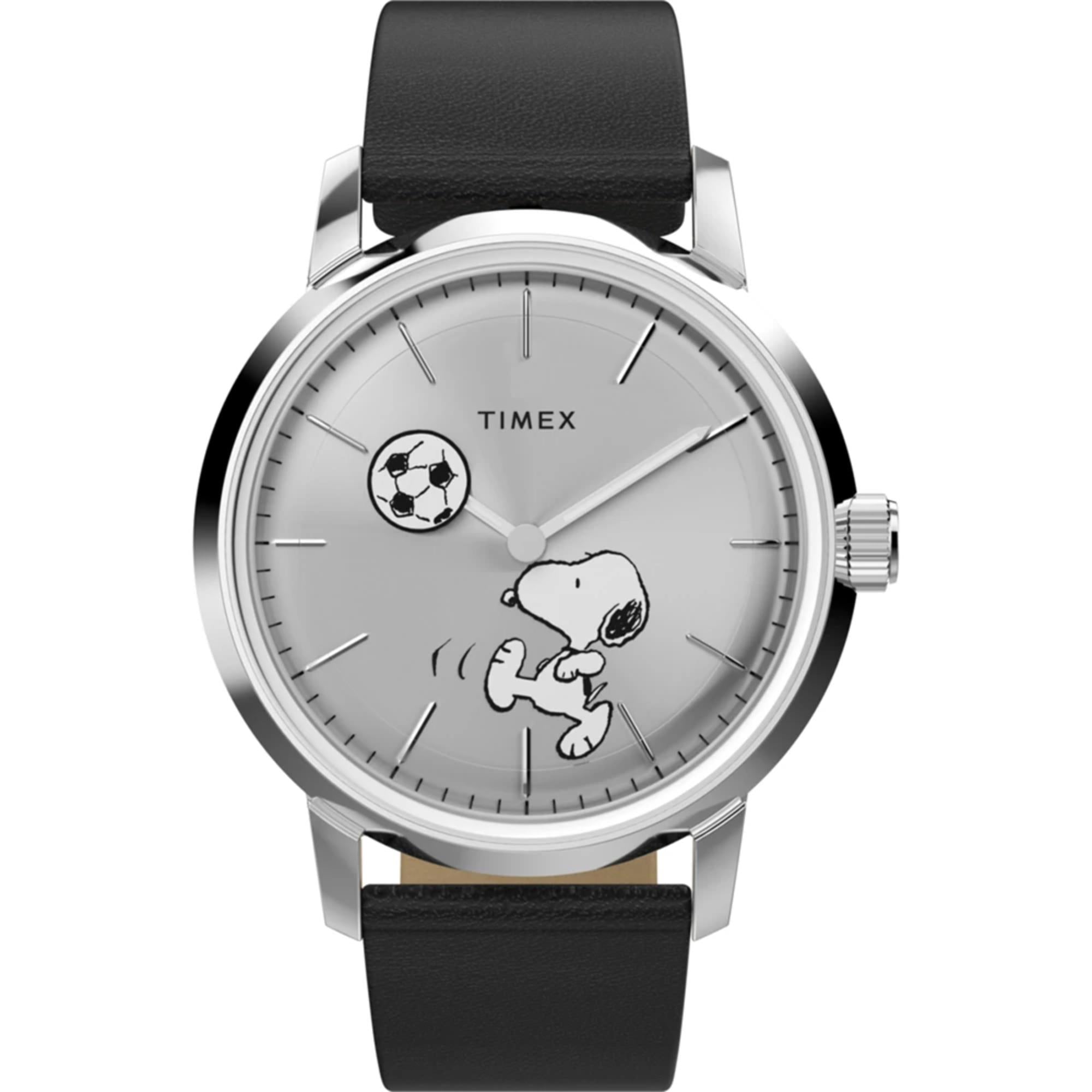 Timex Peanuts Marlin Automatic Soccer Silver Dial Leather Strap Men's Watch TW2Y53800