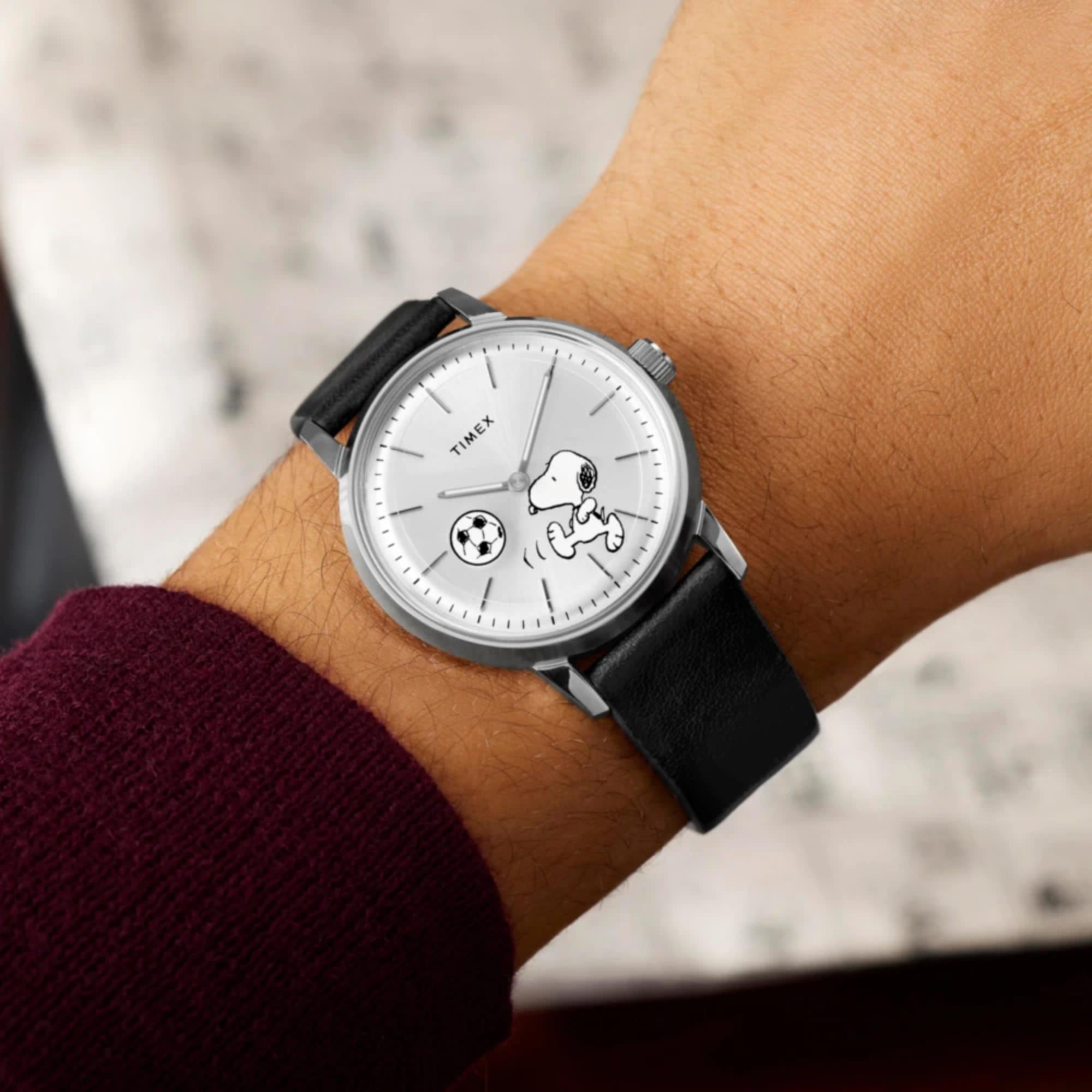 Timex Peanuts Marlin Automatic Soccer Silver Dial Leather Strap Men's Watch TW2Y53800